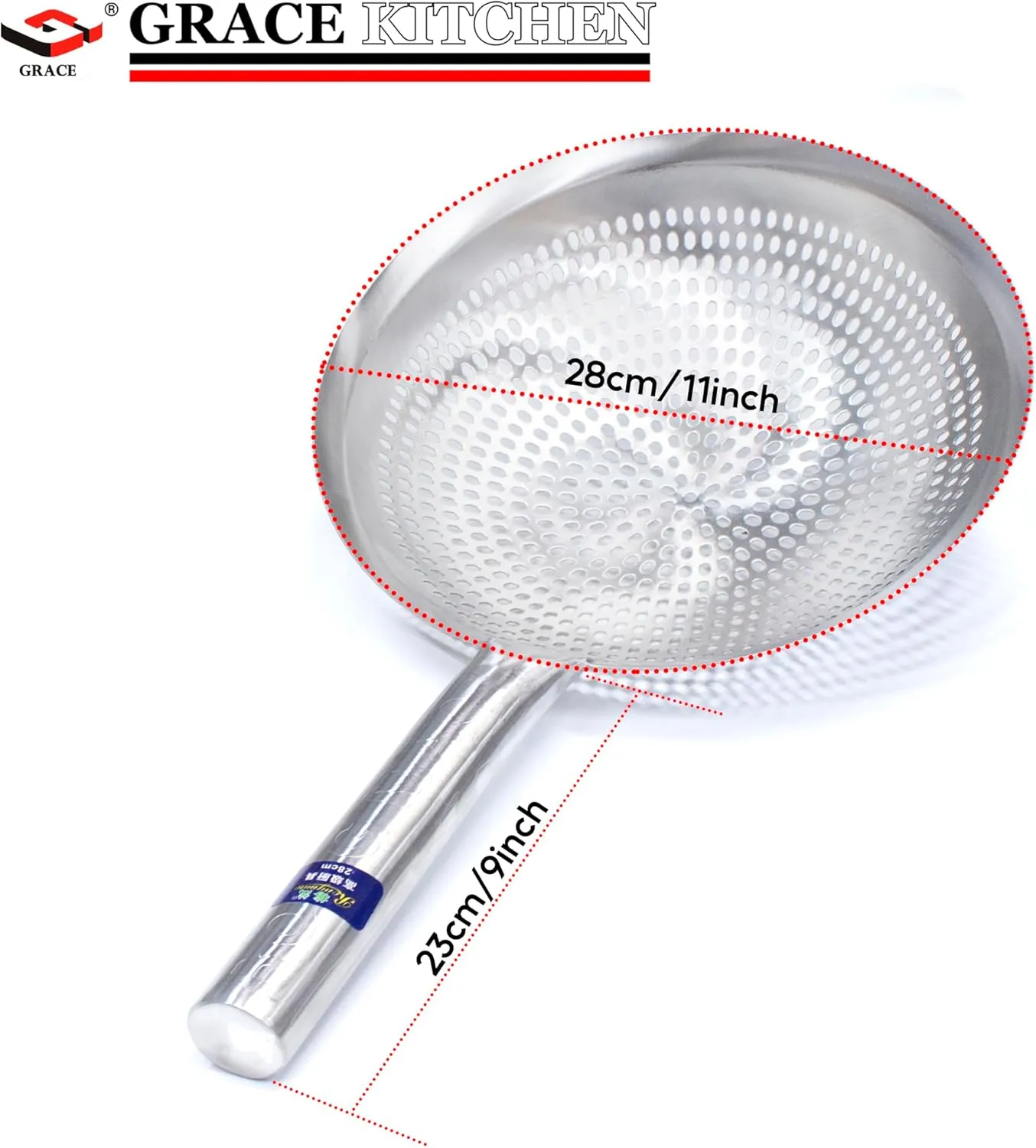 Grace Commercial Pasta Scoop Kitchen Cooking Strainer Skimmer Ladle Stainless Steel Colander Spoon Mesh Food Scoop Metal Utensils Frying Accessories Hand Strainer (28CM/11INCH)