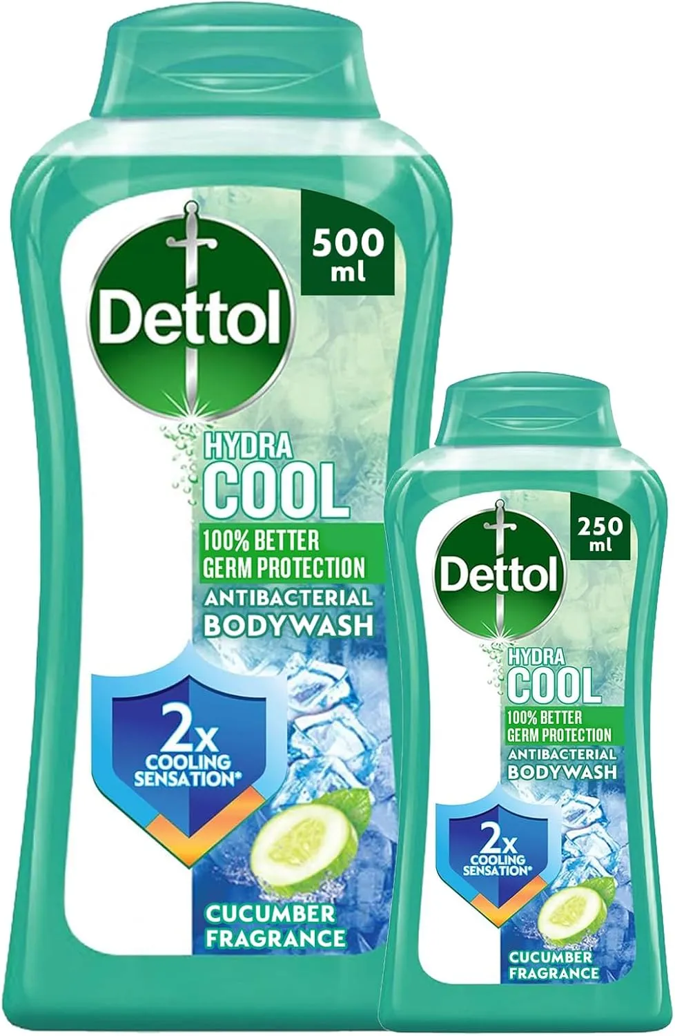 dettol hydra cool showergel & bodywash, cucumber & icy menthol fragrance for effective germ protection & personal hygiene,pack of 2 (250ml+ 500ml) (packaging may vary)
