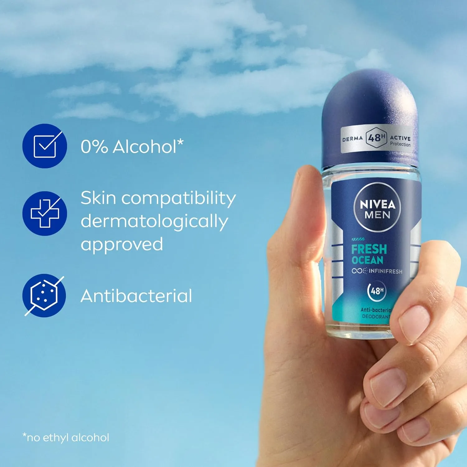 nivea men deodorant roll on for men, 48h protection, fresh ocean aqua scent, 50ml