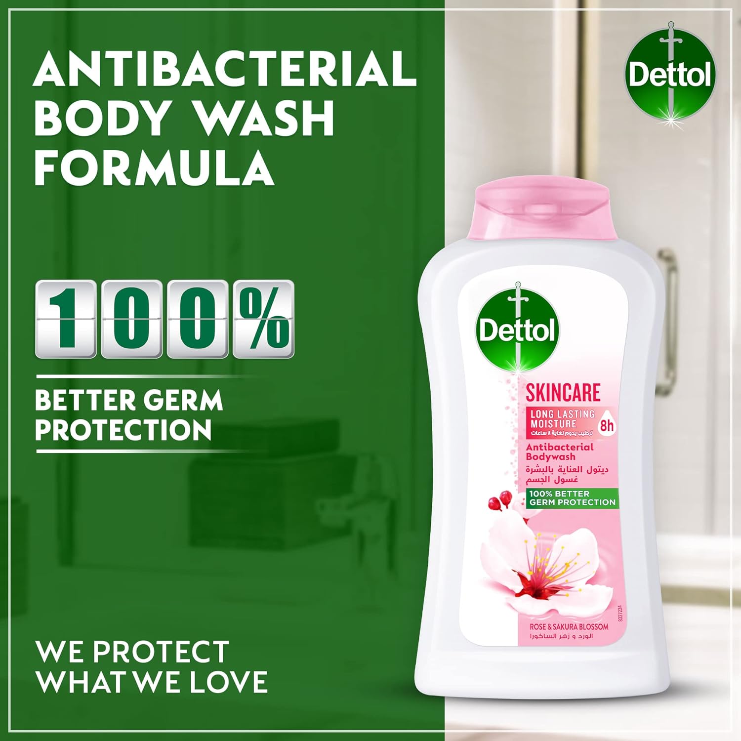 dettol skincare showergel & bodywash, rose & sakura blossom fragrance for effective germ protection & personal hygiene, 250ml (pack of 2) (packaging may vary)