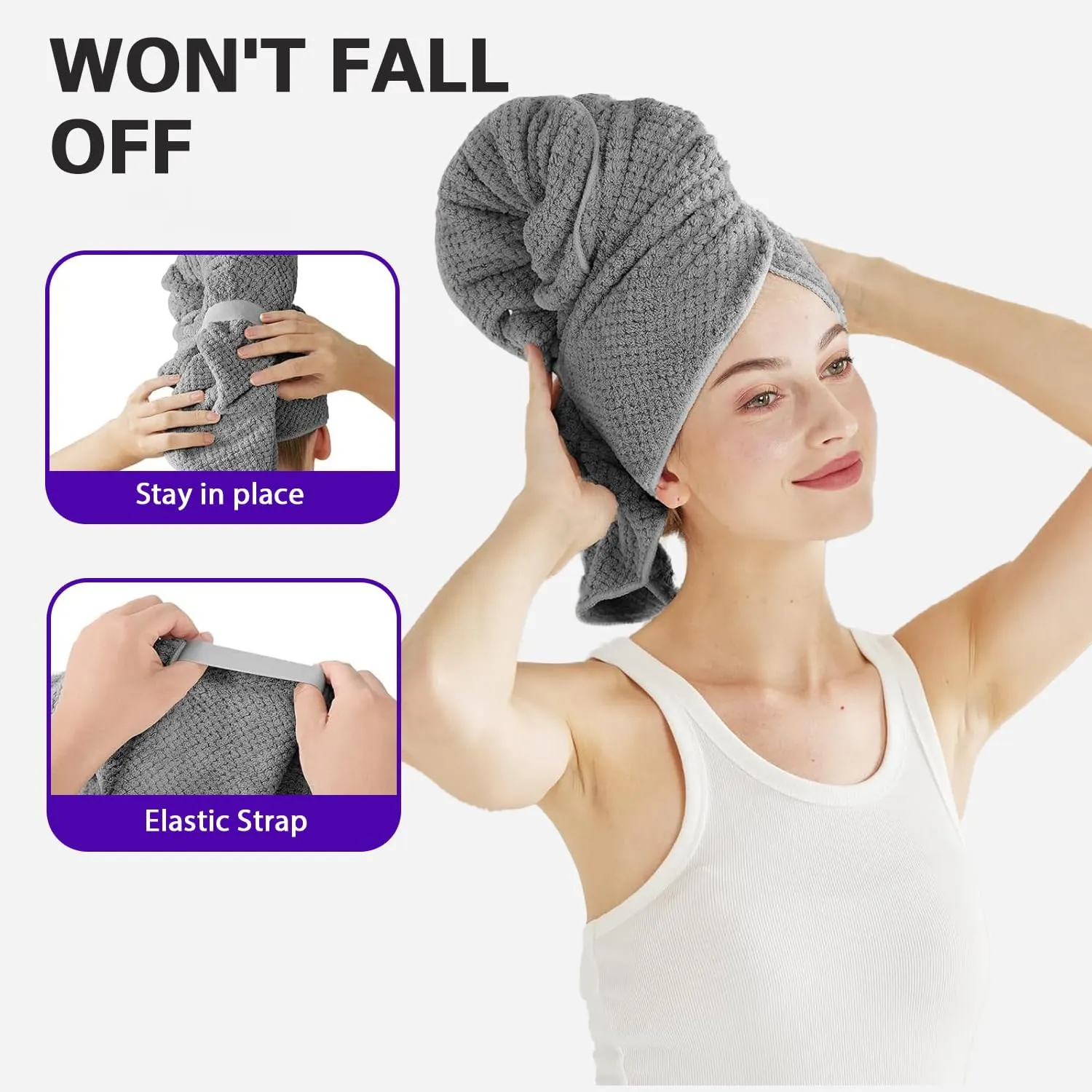 aquafalcon large microfiber hair towel wrap for women, anti frizz hair drying towel with elastic strap, fast dry | super absorbent | quick dry hair turban for wet, curly, long & thick hair gray