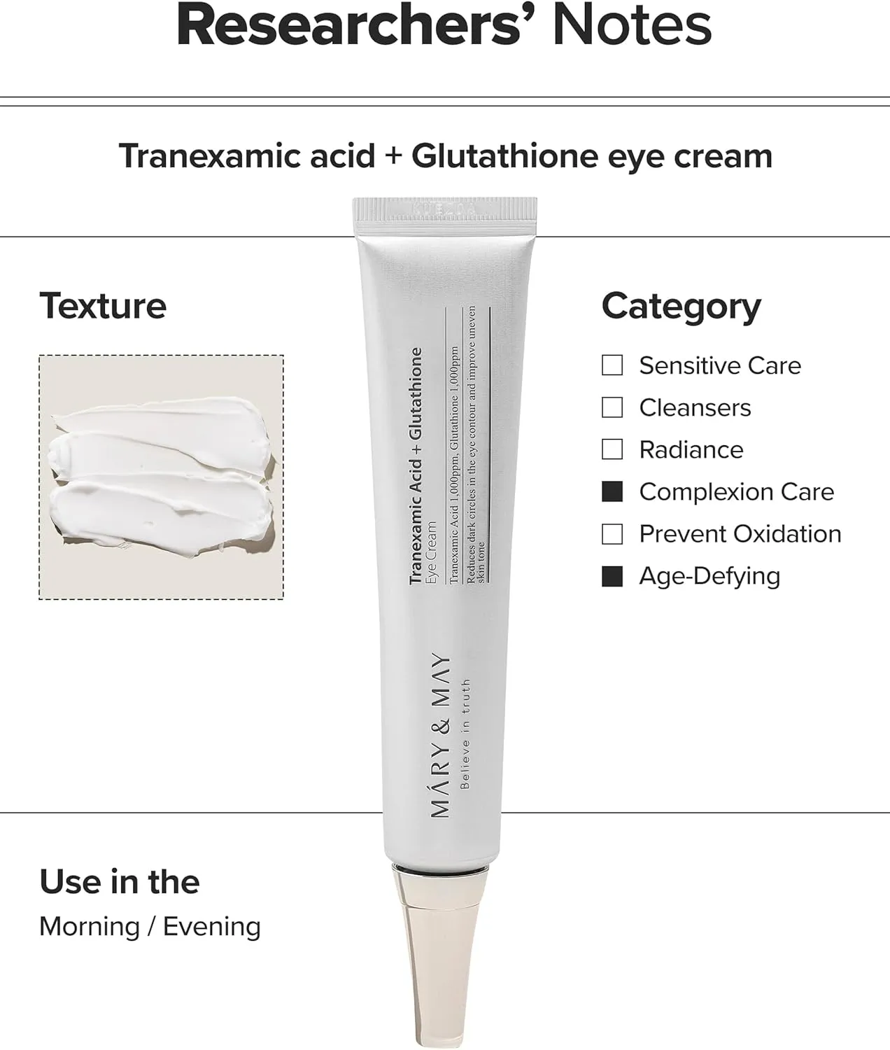 mary&may tranexamic acid + glutathione eye cream, tranexamic acid 1.05 fl oz / 30ml | reduces dark cireles in the eye, improve uneven skin tone | ewg green