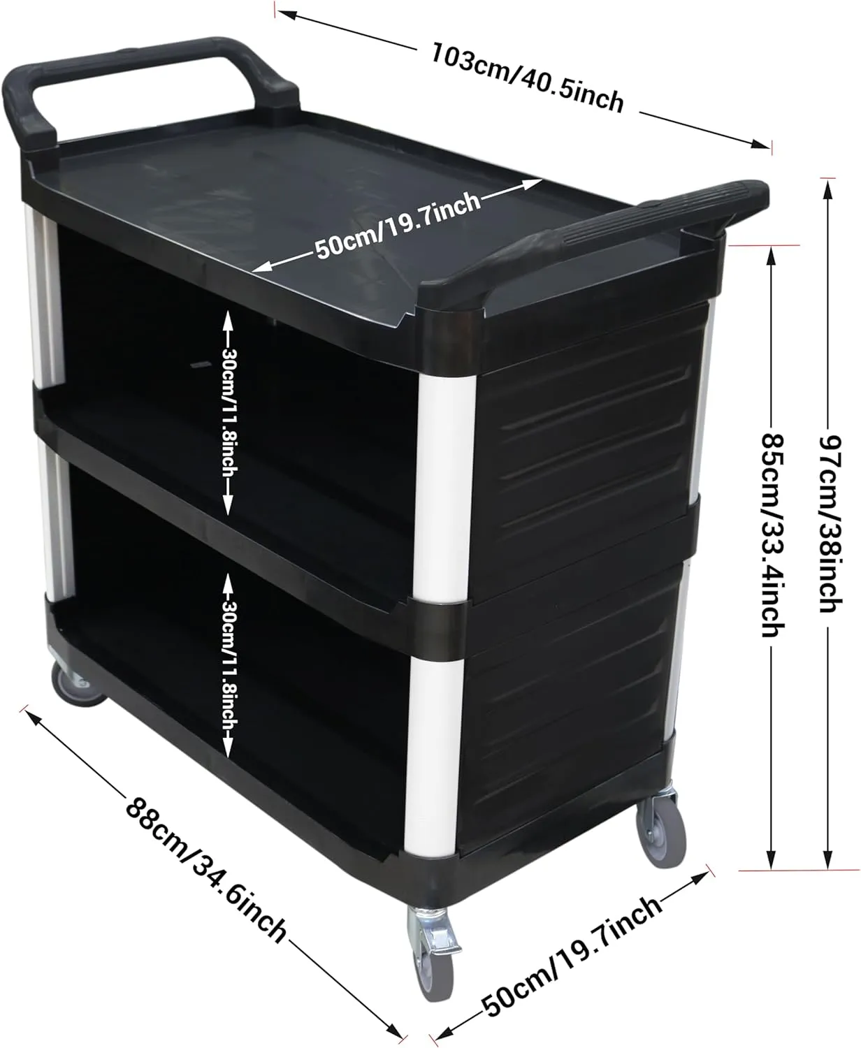 Grace Plastic Service Trolley 3 Shelves, PVC Trolley Enclosed Design with 2 Side Handles, Plastic and Aluminum - Black