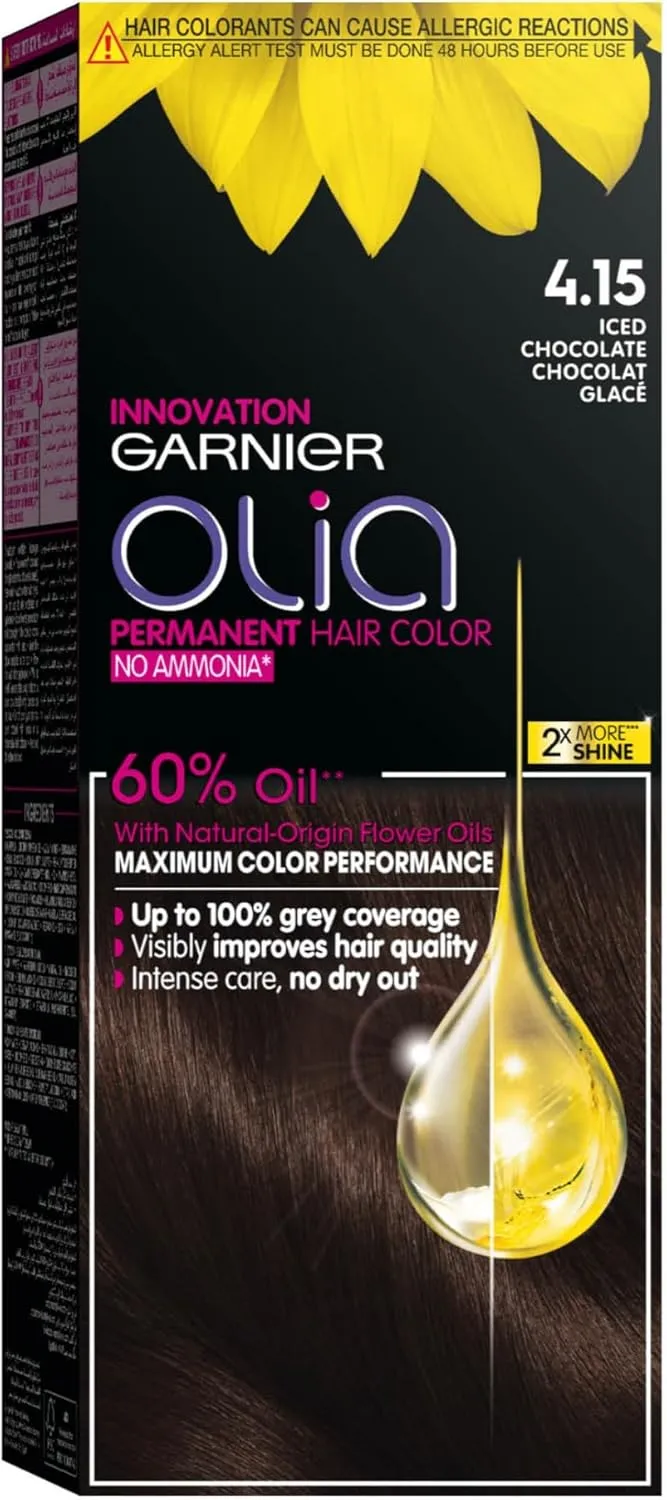 garnier olia, no ammonia permanent hair color with 60% oils, 4.15 iced chocolate