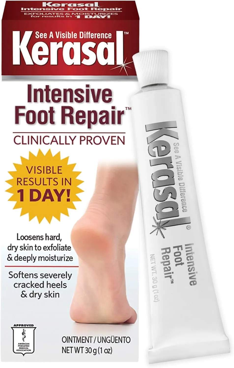 kerasal intensive foot repair, exfoliating foot moisturizer 1 oz. clinically proven to moisturize and exfoliate dry feet and cracked heels smooth, soft feet fast with visible results in just 1 day