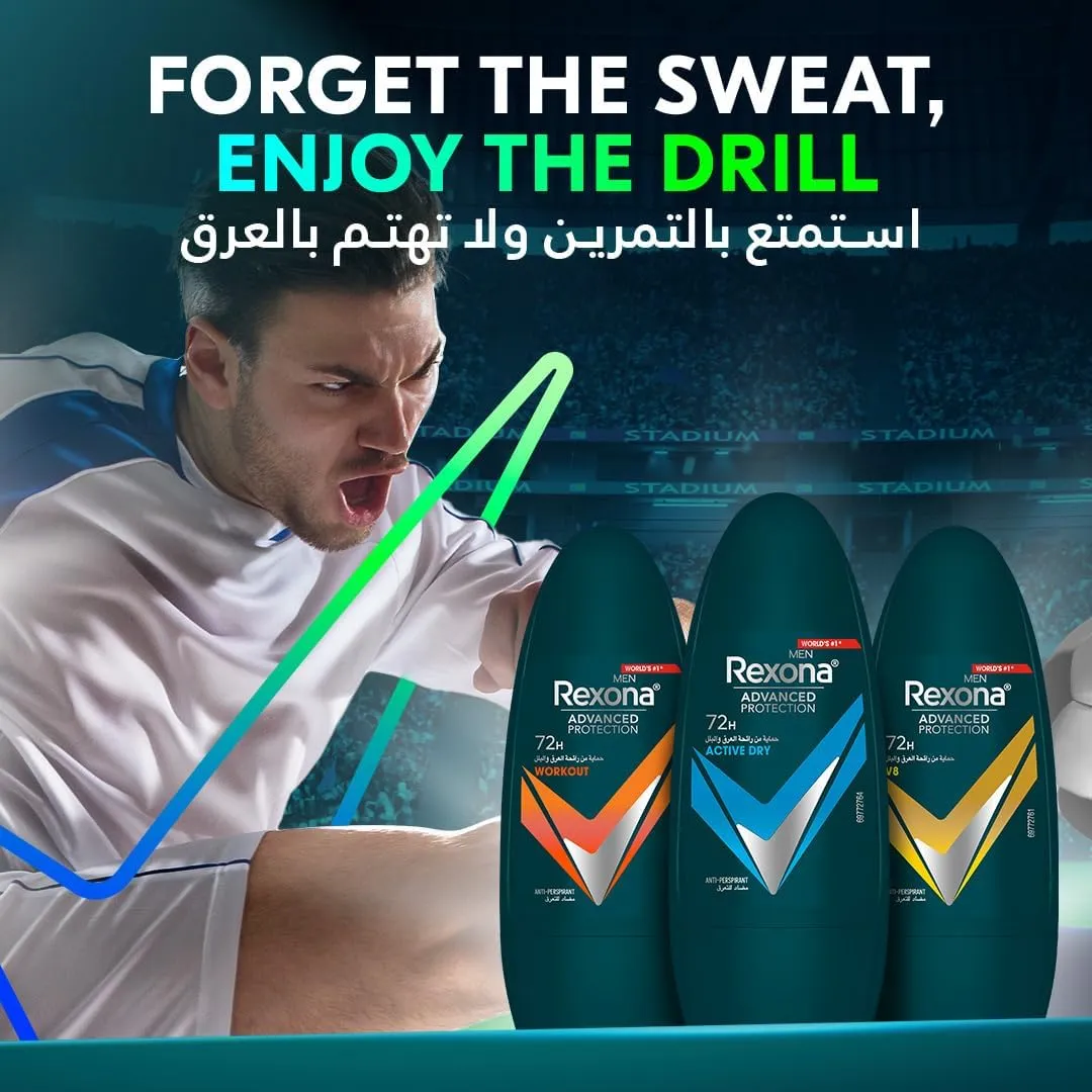 rexona men antiperspirant deodorant roll on, 72 hour sweat & odor protection*, v8, with motionsense technology, 50ml