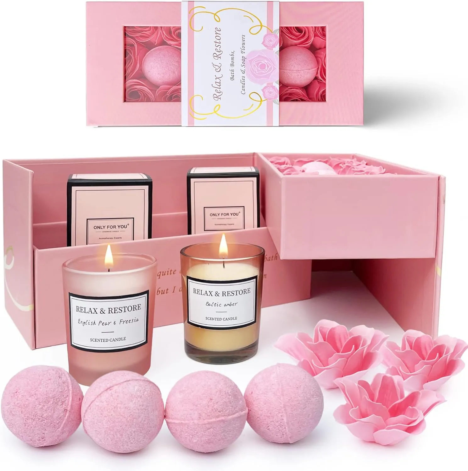 empire scented candles bath bombs set, gifts for women, birthday gifts for her, 20pcs set gifts for her, birthday gift for women with rose scented soap flowers