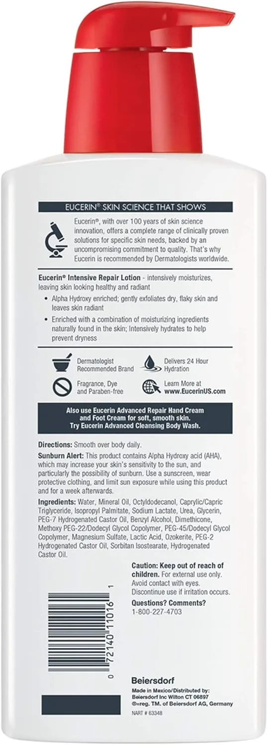 eucerin intensive repair body lotion, lotion for very dry skin, 16.9 fl oz pump bottle