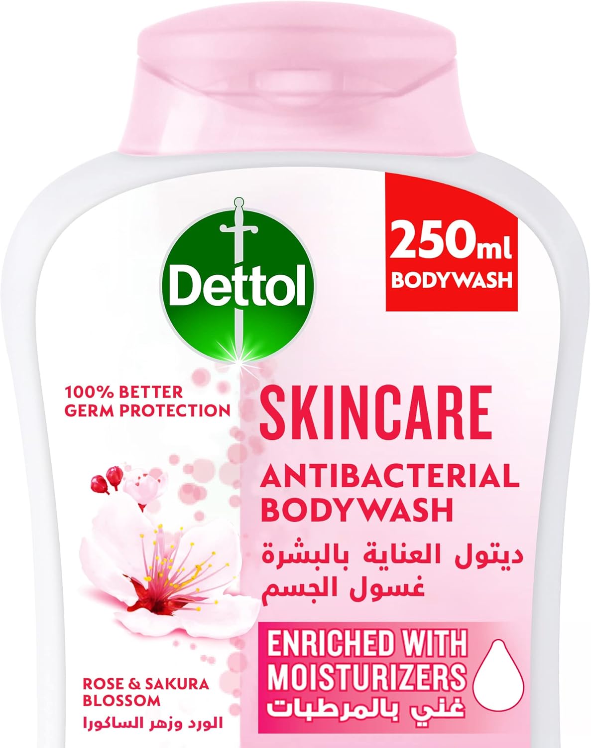 dettol skincare showergel & bodywash, rose & sakura blossom fragrance for effective germ protection & personal hygiene, 250ml (pack of 2) (packaging may vary)