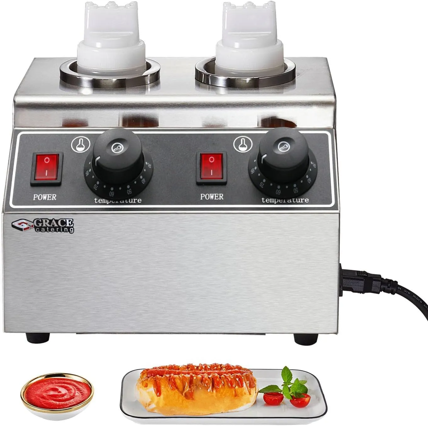 GRACE KITCHEN Commercial Sauce Warmer, Chocolate Bottle Warmer, 2 Heads Chocolate Spread Warmer/Stainless Steel Warmer Bottles Heating Machine GR-QK-2