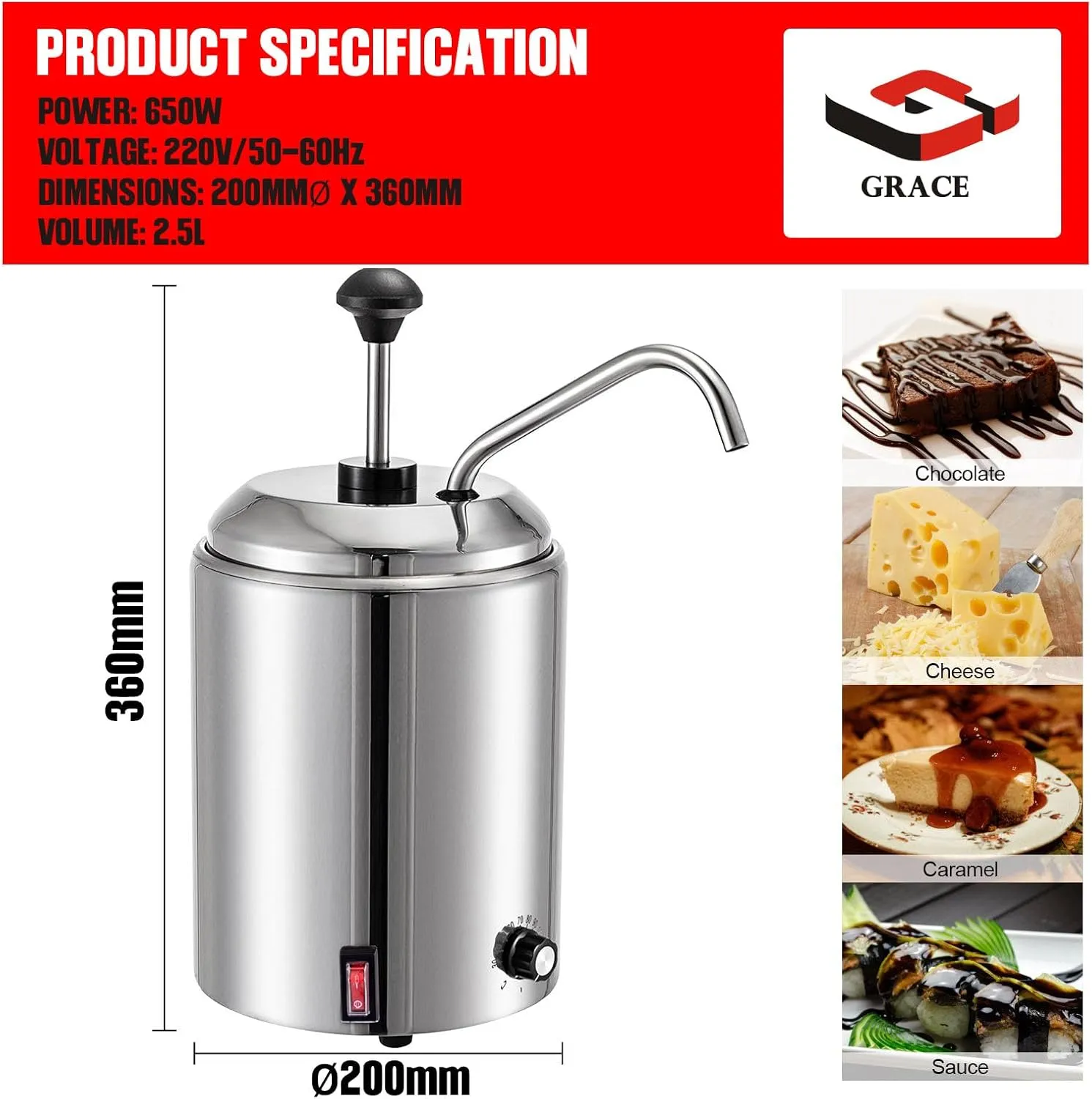 Grace Commercial Electric Cheese Warmer Dispenser, Stainless Steel Pump Chocolate Heated Pump and 30-110℃ Temp Adjustable 2.5 Liters Can for Chocolate Caramel Cheese Butter (GR-SPW-02 - ROUND)