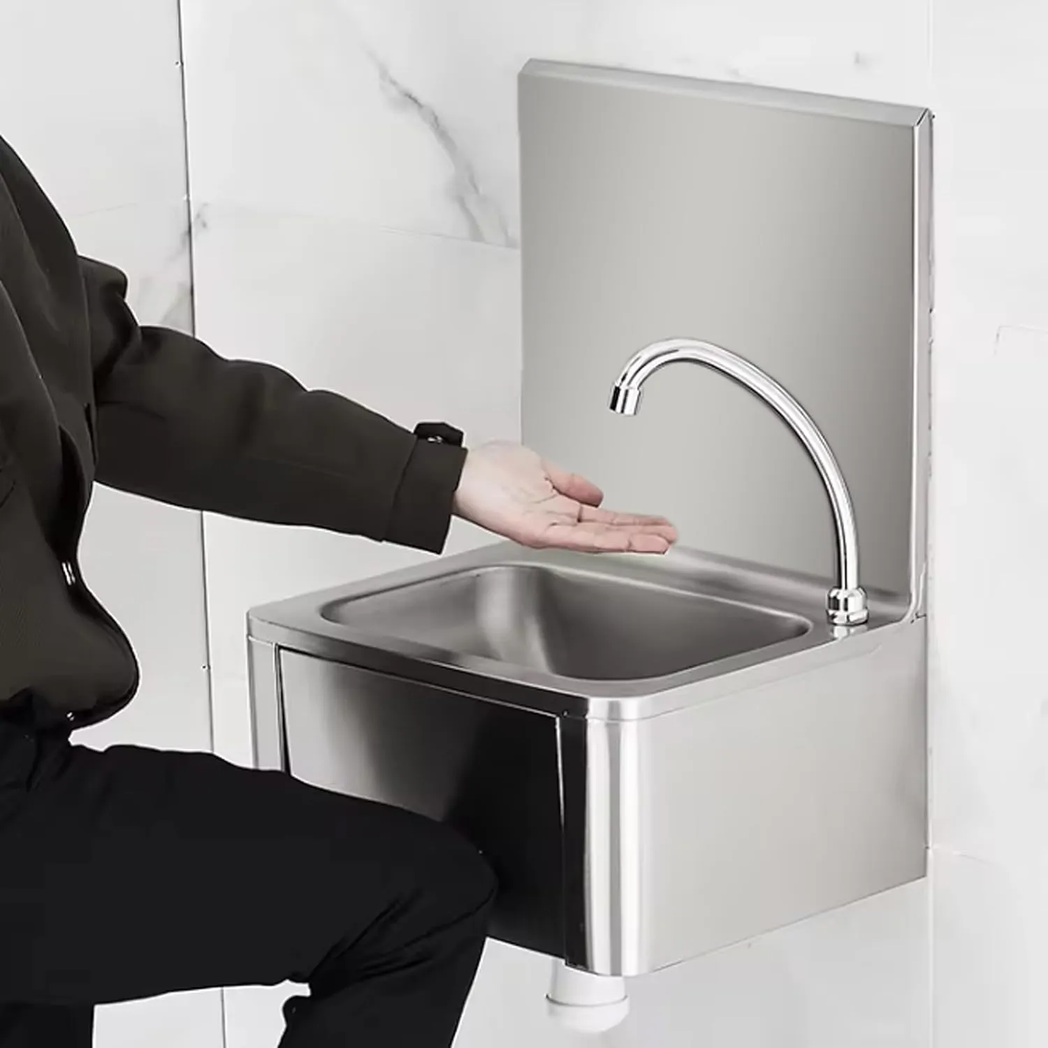 Grace Commercial Kitchen Knee Operated Hand Wash Sink Stainless Steel Kitchen Basin Hand Free Catering Includes Tap and Splashback 42x36x59cm