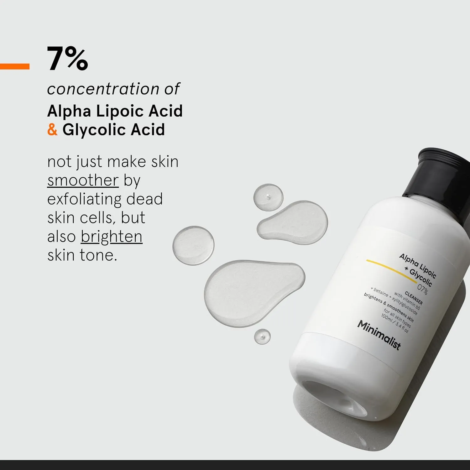 minimalist 7% ala & aha brightening face wash with vitamin b5 for hydration, glycolic acid for exfoliation & alpha lipoic acid for glowing skin