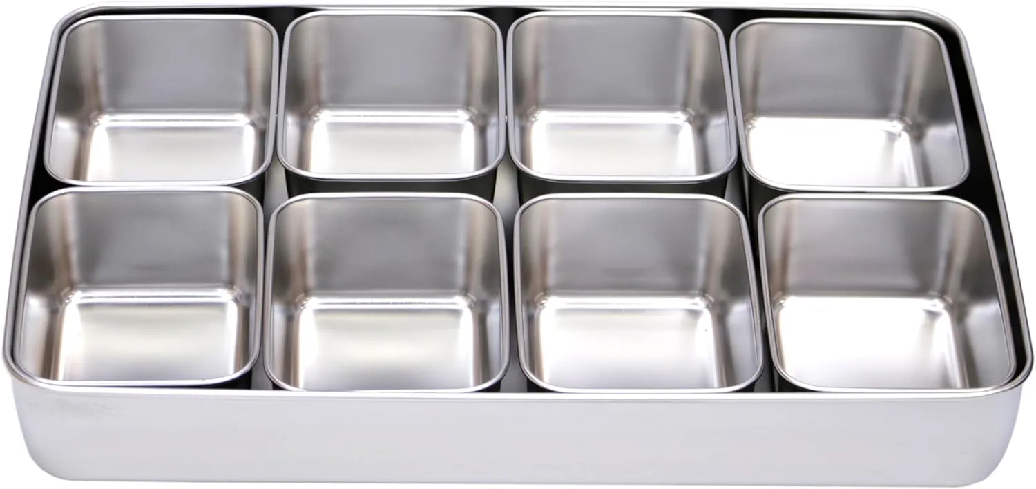 Grace Stainless Steel Seasoning Box with Lid and Holder Tray, Divided Compartments Rectangle Masala Spice Container, Kitchen Condiment Storage Spice Box (8 COMPARTMENTS - 44X30X6CM)