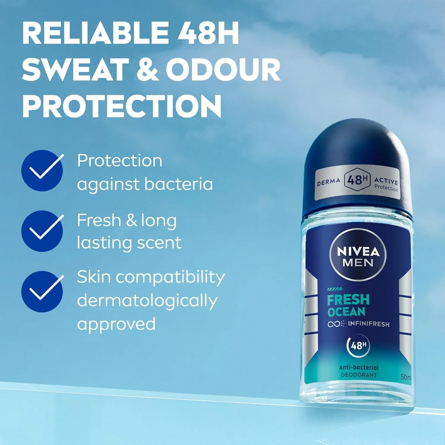 nivea men deodorant roll on for men, 48h protection, fresh ocean aqua scent, 50ml