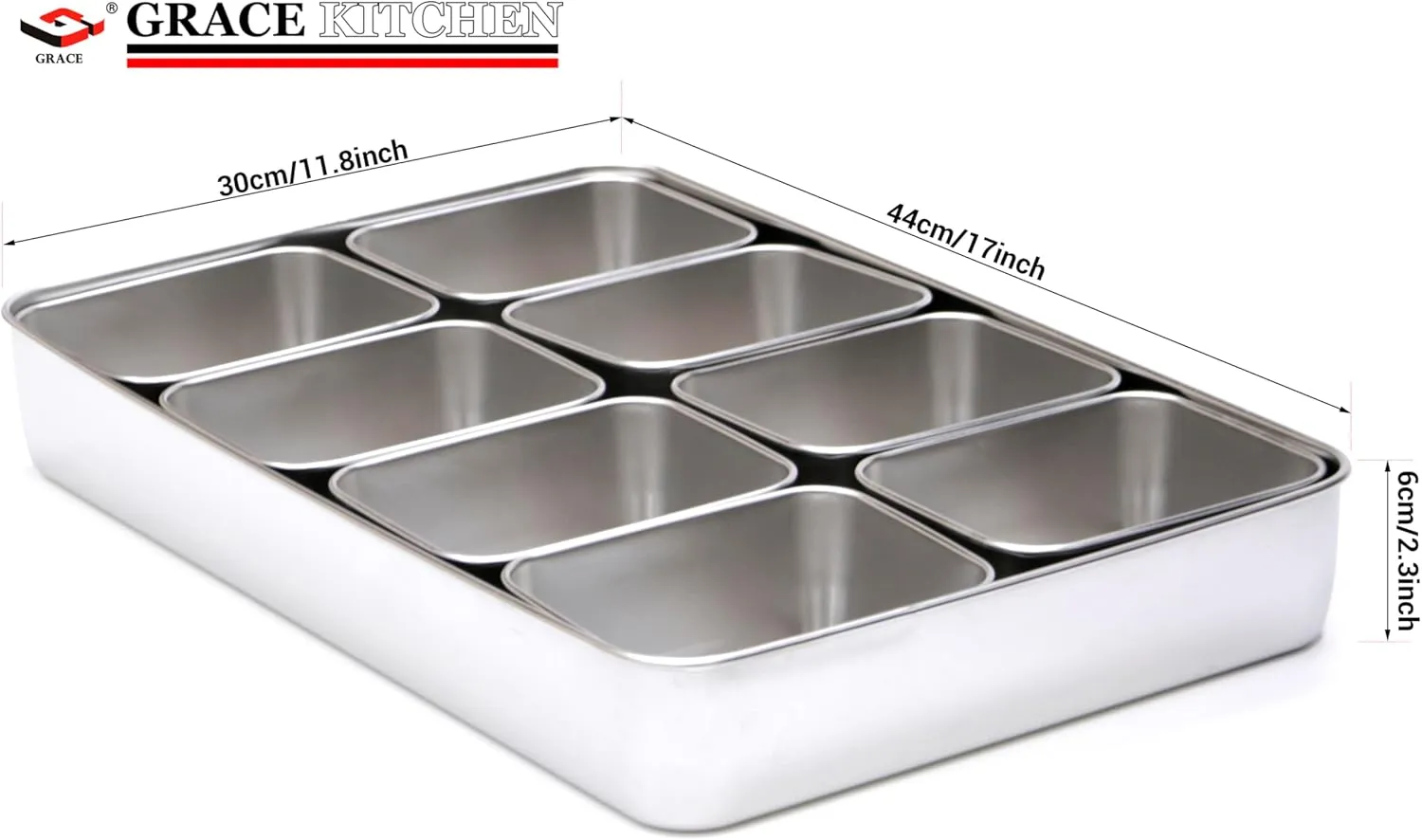 Grace Stainless Steel Seasoning Box with Lid and Holder Tray, Divided Compartments Rectangle Masala Spice Container, Kitchen Condiment Storage Spice Box (8 COMPARTMENTS - 44X30X6CM)