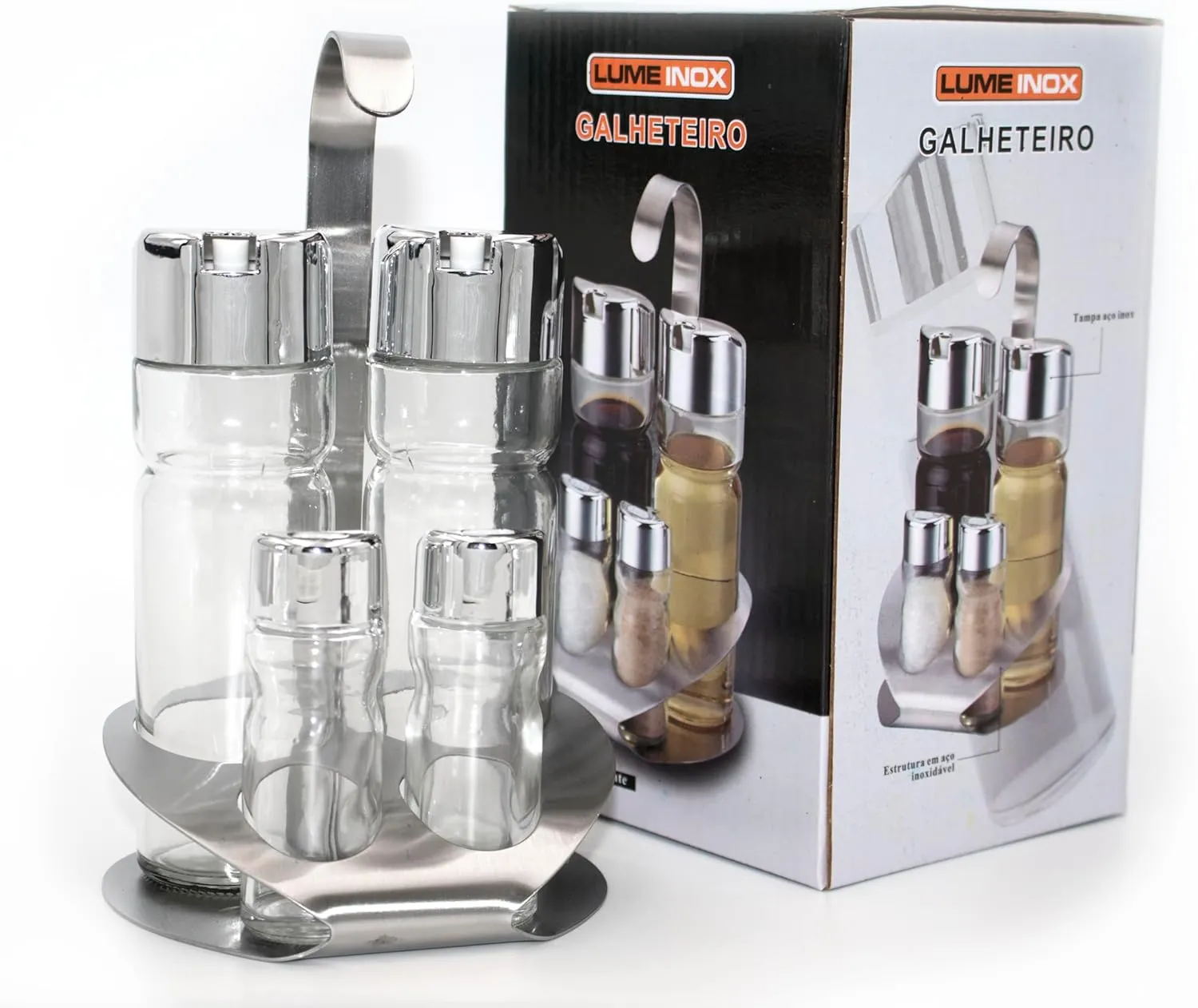 G GRACE Set of 4 Spice Jars, Glass and Steel, with Lid for Oil, Vinegar, Salt, Pepper with Table Stand, for Kitchen and Restaurant