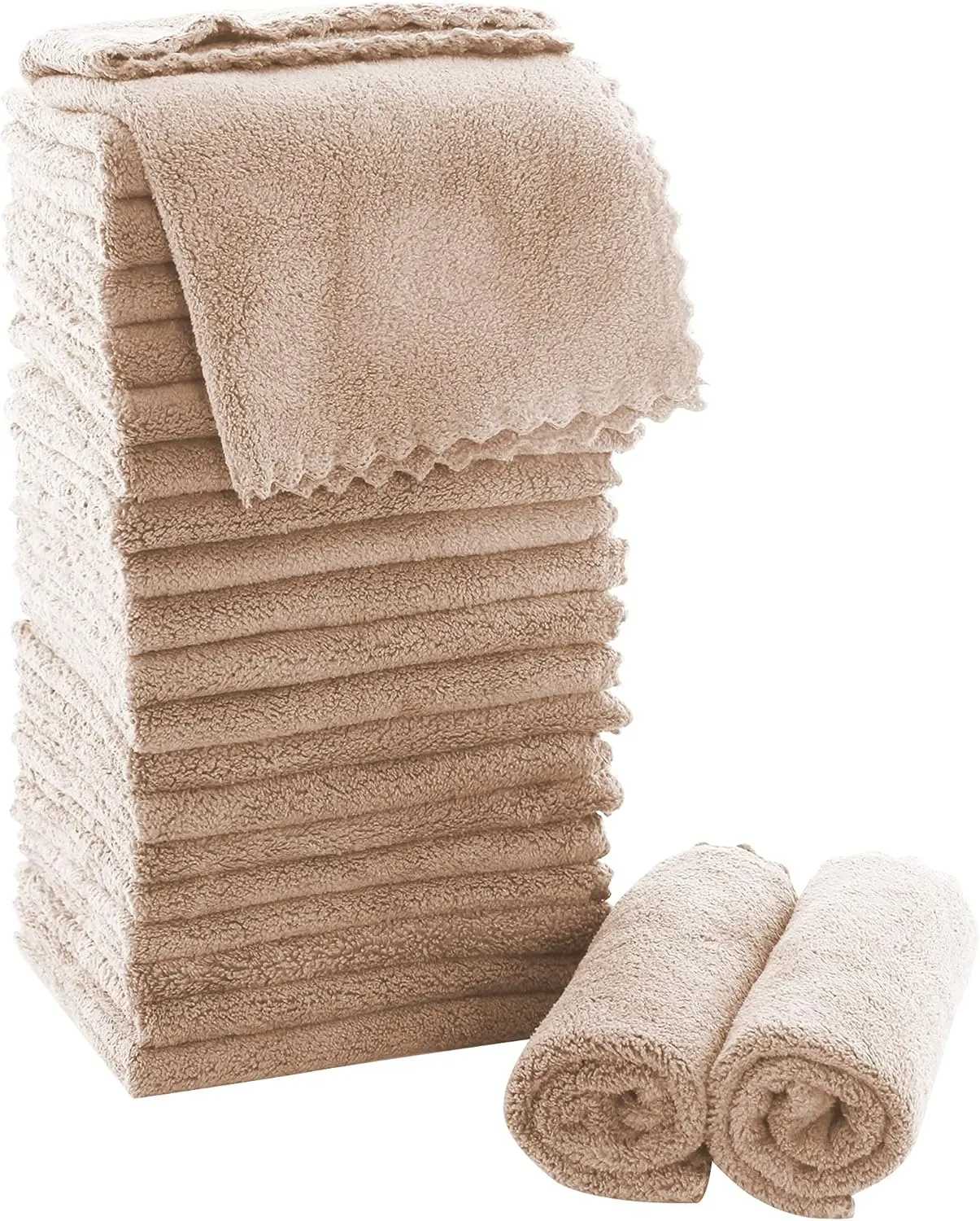 kastwave ultra soft premium washcloths set 12 x 12 inches 24 pack quick drying highly absorbent coral velvet bathroom (khaki, 12 x 12 inch)