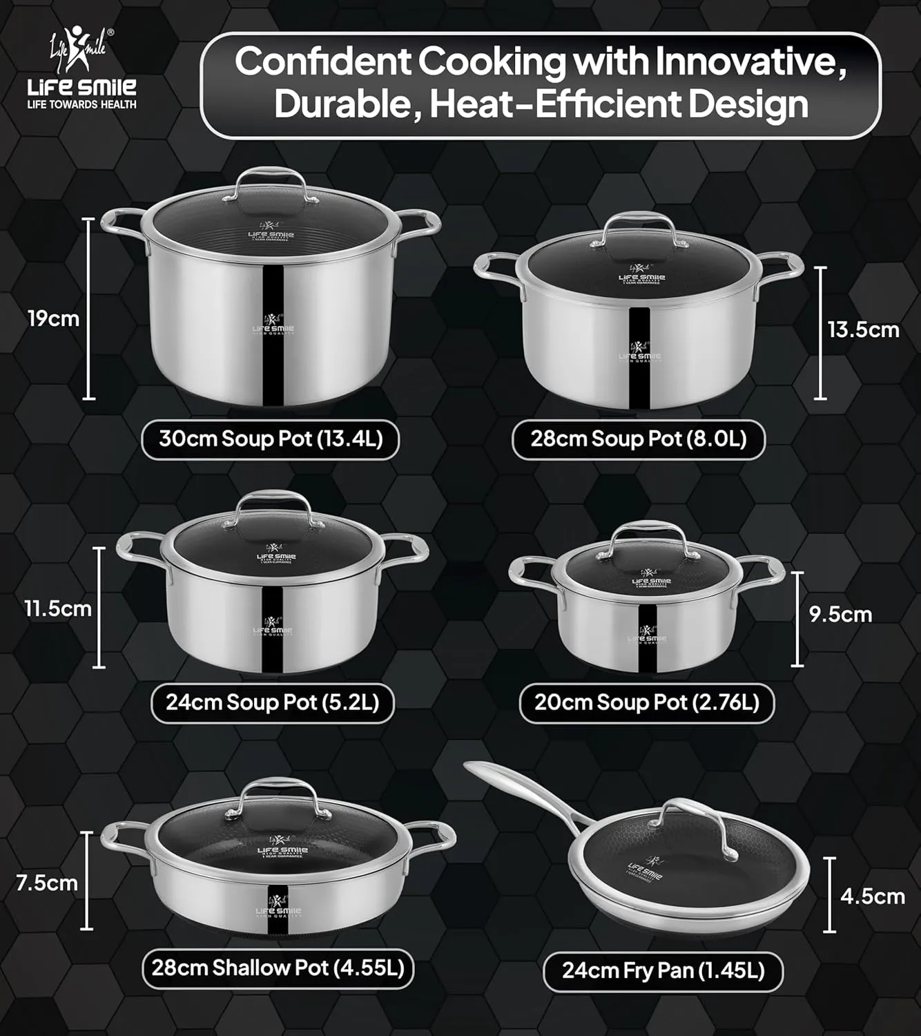 LIFE SMILE Cookware Set 12 Pieces - Pure 18/10 Stainless Steel with Ultra Non Stick Hybrid Scratch Proof Non Toxic Coating - 100% PFOA, PTFE & PFOS Free - Oven Safe Induction Base Pots and Pans Set