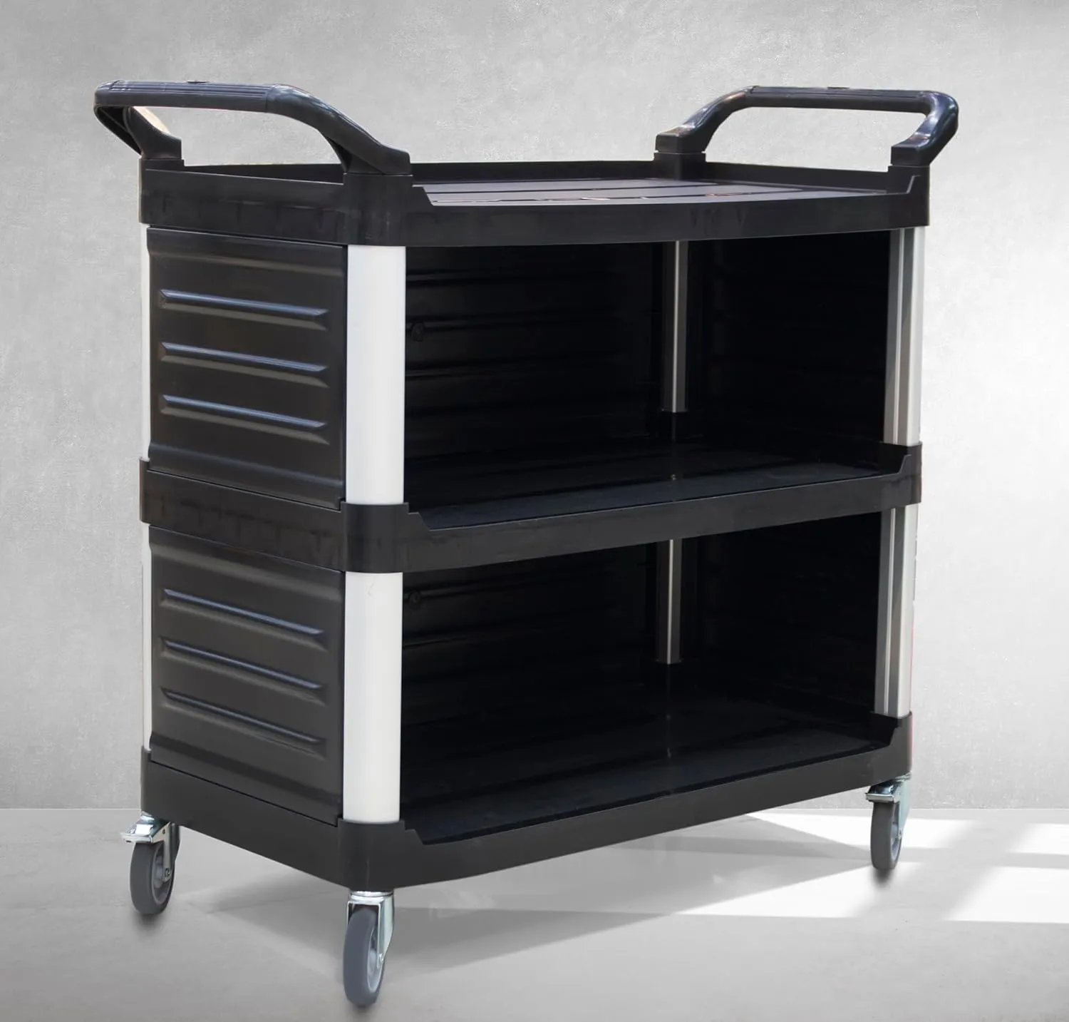 Grace Plastic Service Trolley 3 Shelves, PVC Trolley Enclosed Design with 2 Side Handles, Plastic and Aluminum - Black