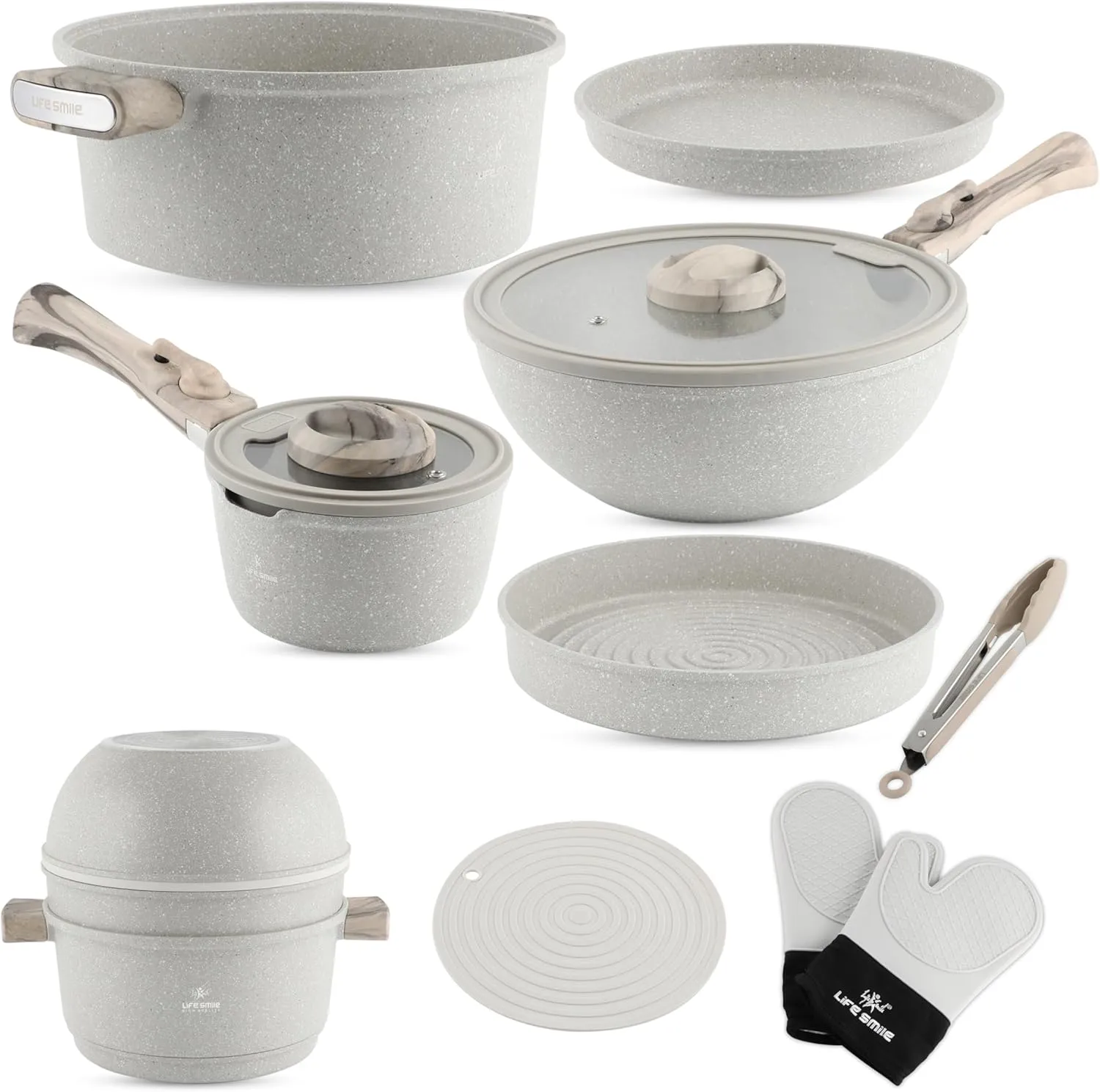 LIFE SMILE Stackable Cookware Set Nonstick 100% PFOA Free Induction Pots and Pans Set Space Saving with Cooking Utensils 13 Piece Granite Coating set (Light Grey)