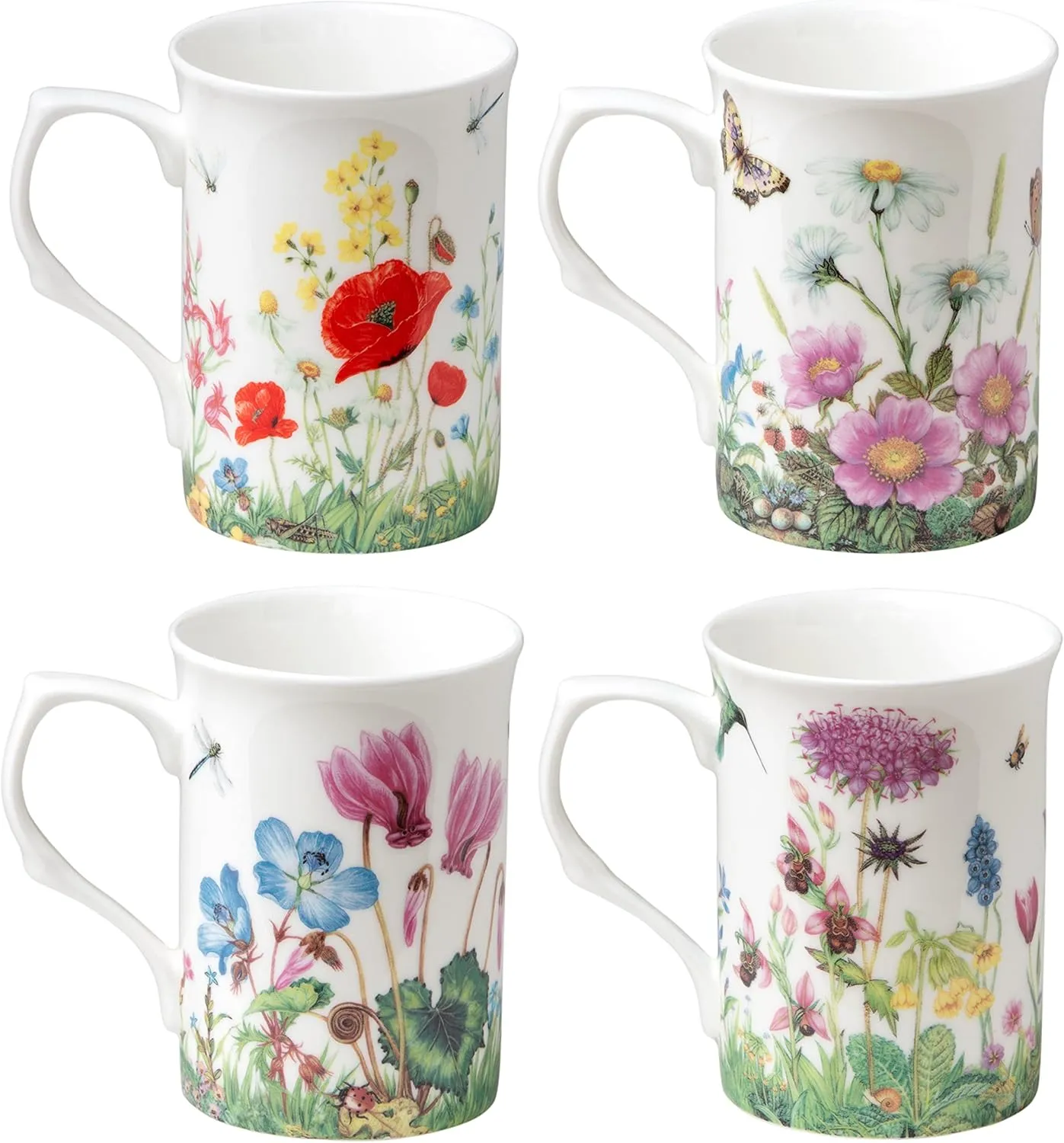 Grace Teaware Bone China Coffee Tea Mugs 9-Ounce, Assorted Set of 4 (Meadow)