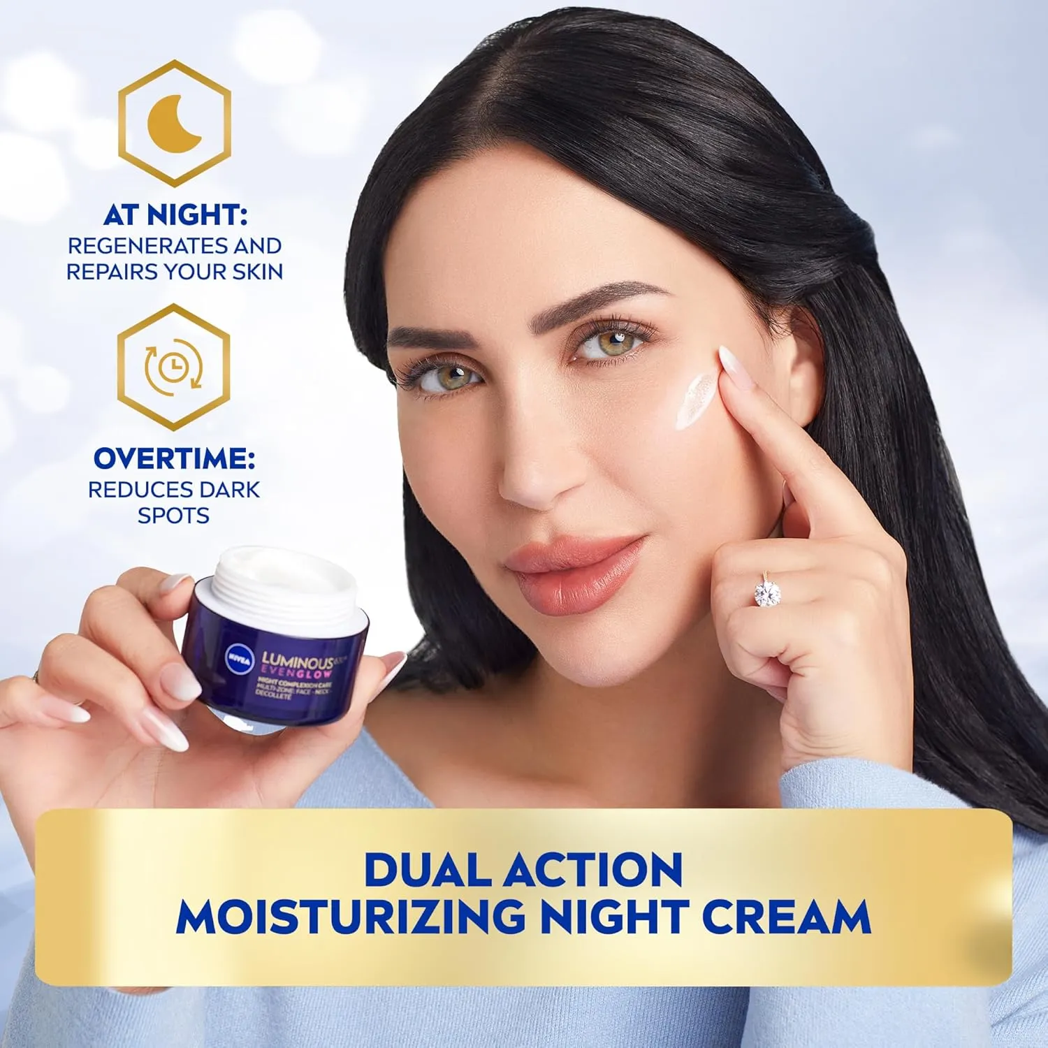 nivea luminous 630 even glow anti dark spot face night cream, revitalizing skin complexion repair, spotless even skin, hydrating hyaluronic acid, 50ml