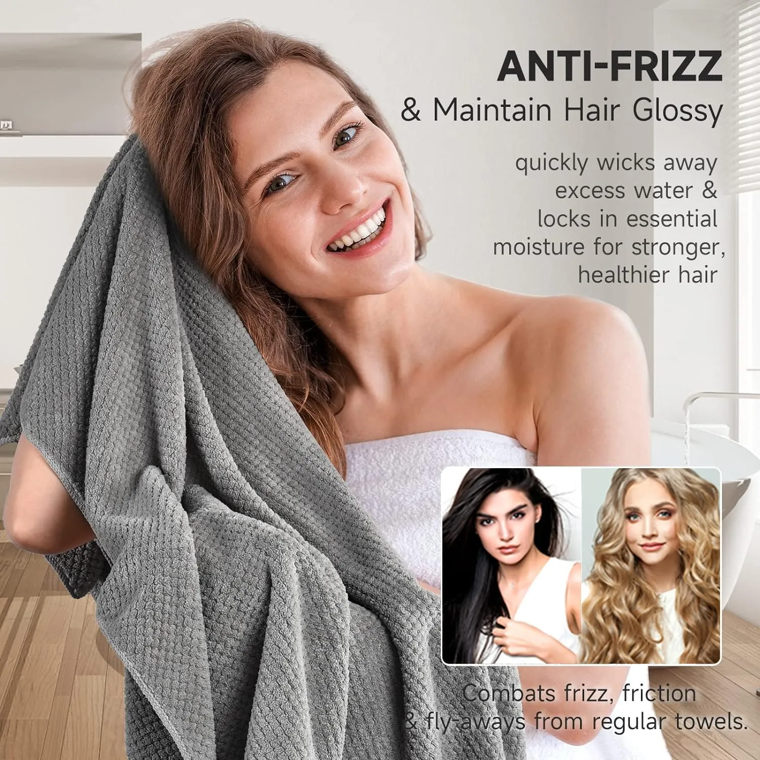 aquafalcon large microfiber hair towel wrap for women, anti frizz hair drying towel with elastic strap, fast dry | super absorbent | quick dry hair turban for wet, curly, long & thick hair gray