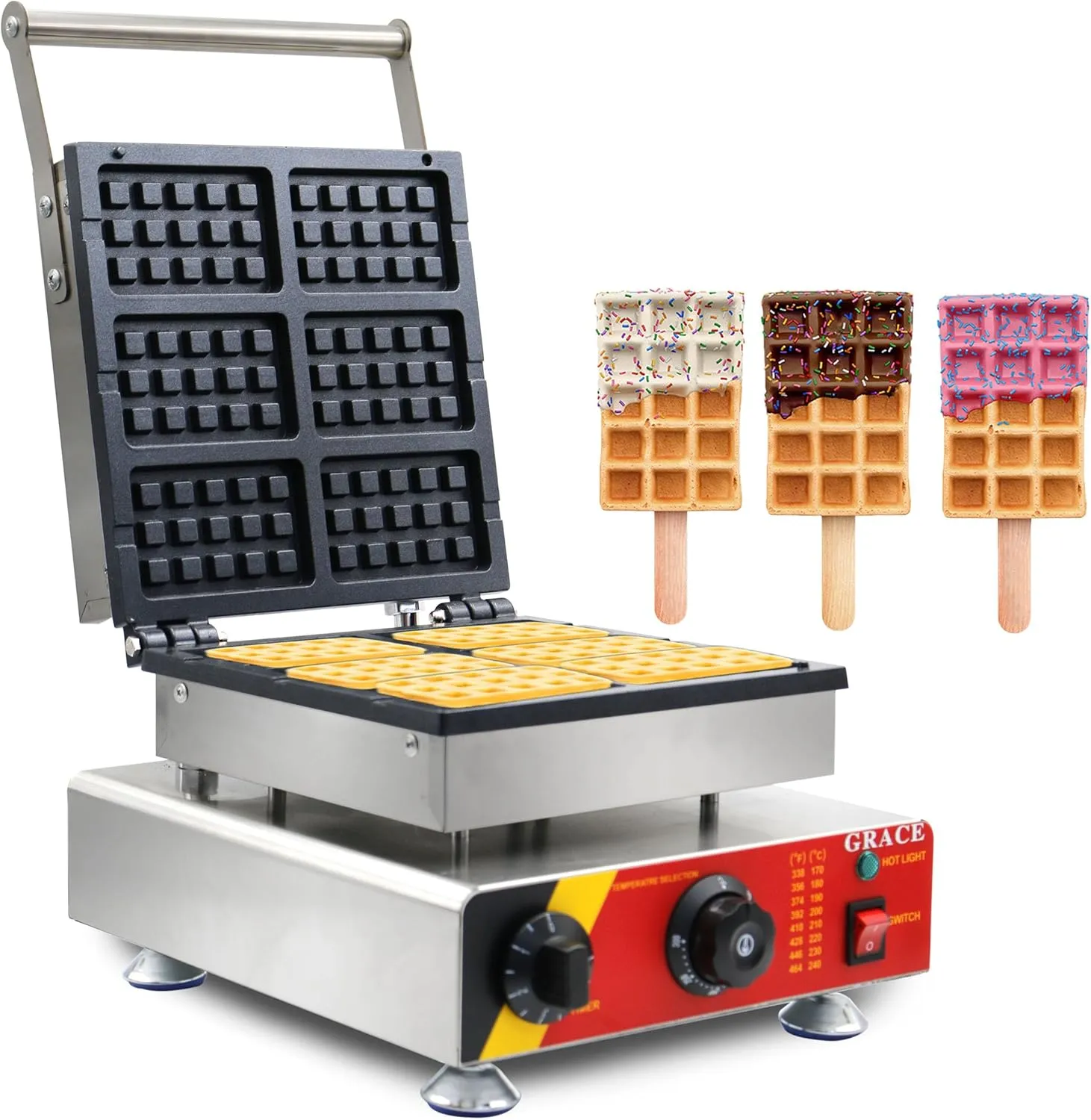 GRACE Commercial Electric Popsicle Stick Waffle Machine Stainless Non-stick Plate Waffle Pops Maker 1500W/220V
