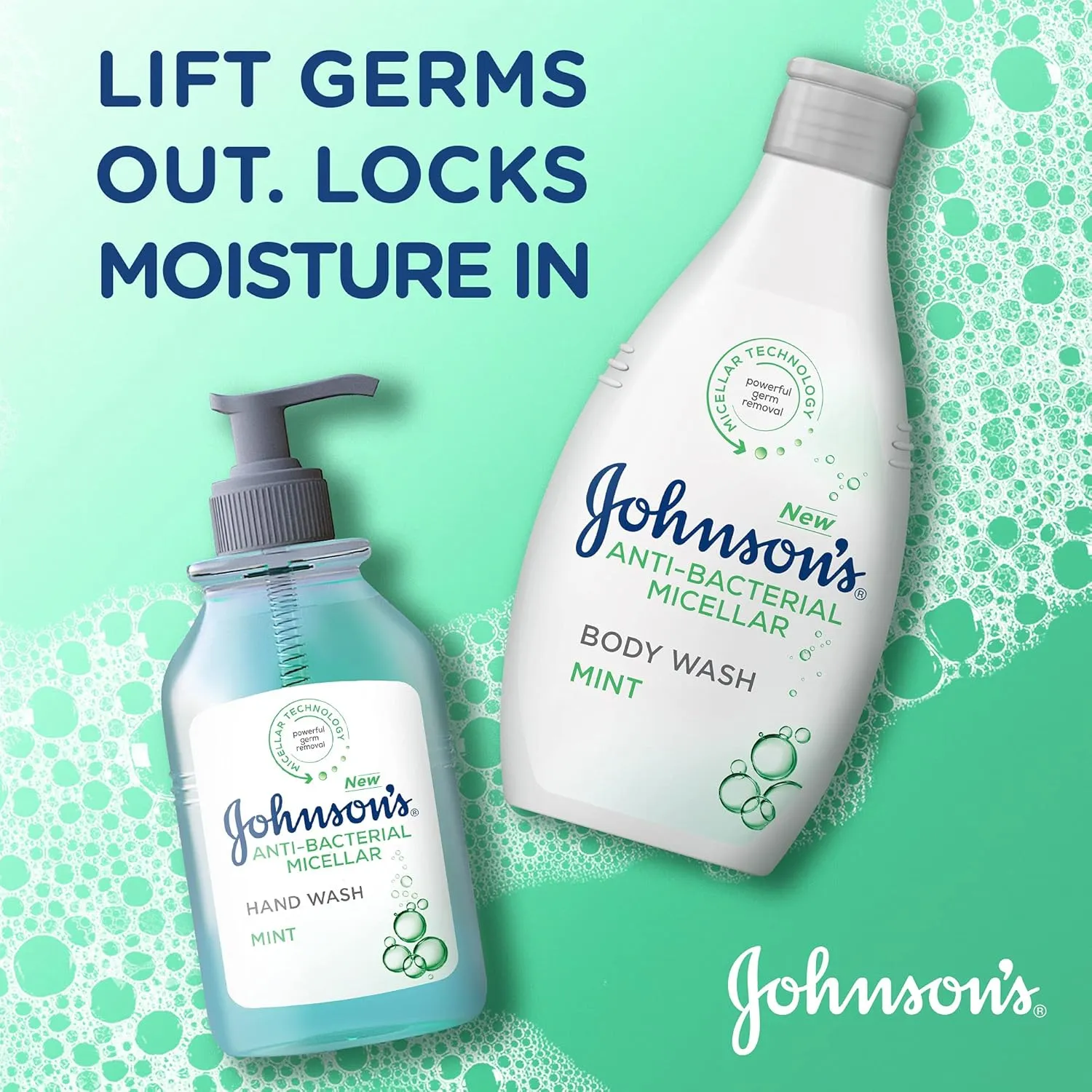 johnson & johnson, anti bacterial, micellar hand wash, mint, 500ml, 1+1 free