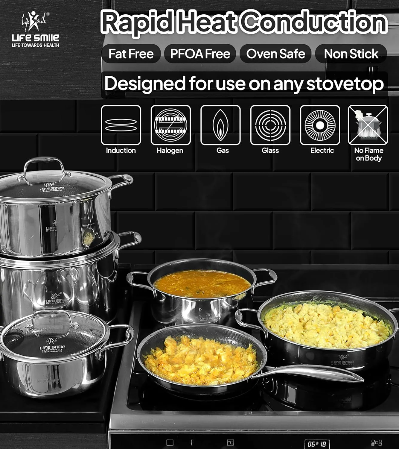 LIFE SMILE Cookware Set 12 Pieces - Pure 18/10 Stainless Steel with Ultra Non Stick Hybrid Scratch Proof Non Toxic Coating - 100% PFOA, PTFE & PFOS Free - Oven Safe Induction Base Pots and Pans Set