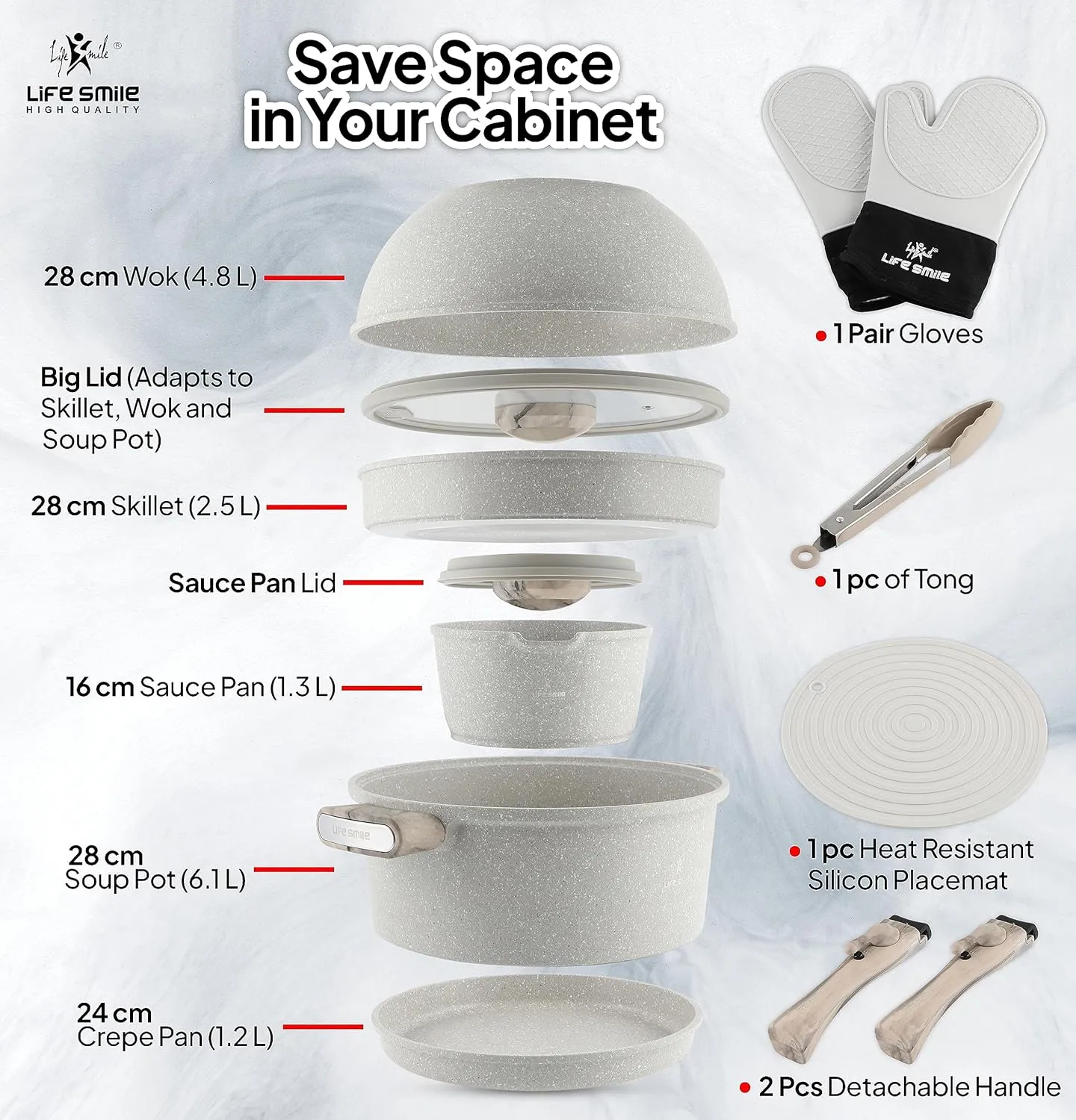 LIFE SMILE Stackable Cookware Set Nonstick 100% PFOA Free Induction Pots and Pans Set Space Saving with Cooking Utensils 13 Piece Granite Coating set (Light Grey)