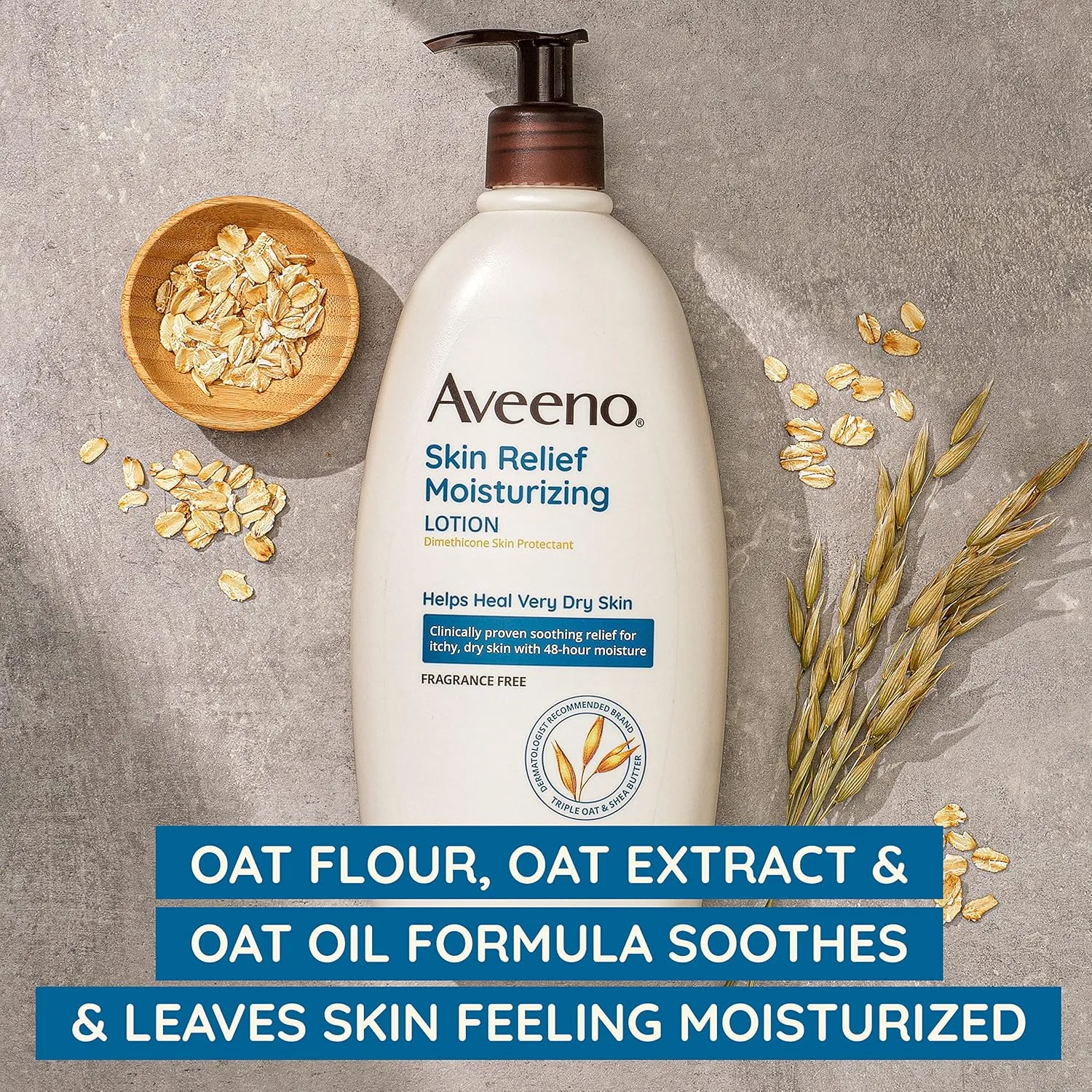 aveeno skin relief moisturizing lotion for very dry skin with soothing triple oat & shea butter formula, dimethicone skin protectant helps heal itchy, dry skin, fragrance free, 33 fl. oz