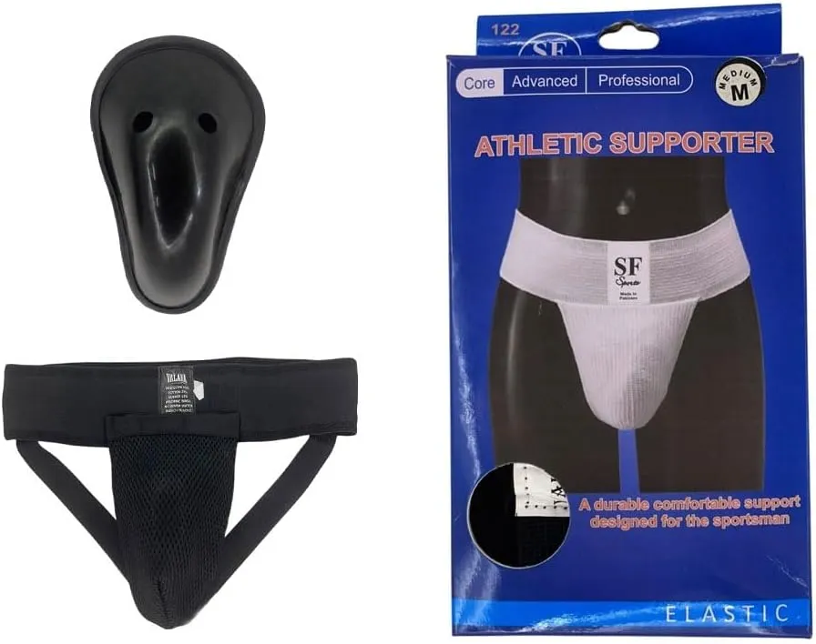 Ultimate Cricket Supporter: Safety in Black & White size large with abdominal guard for cricket