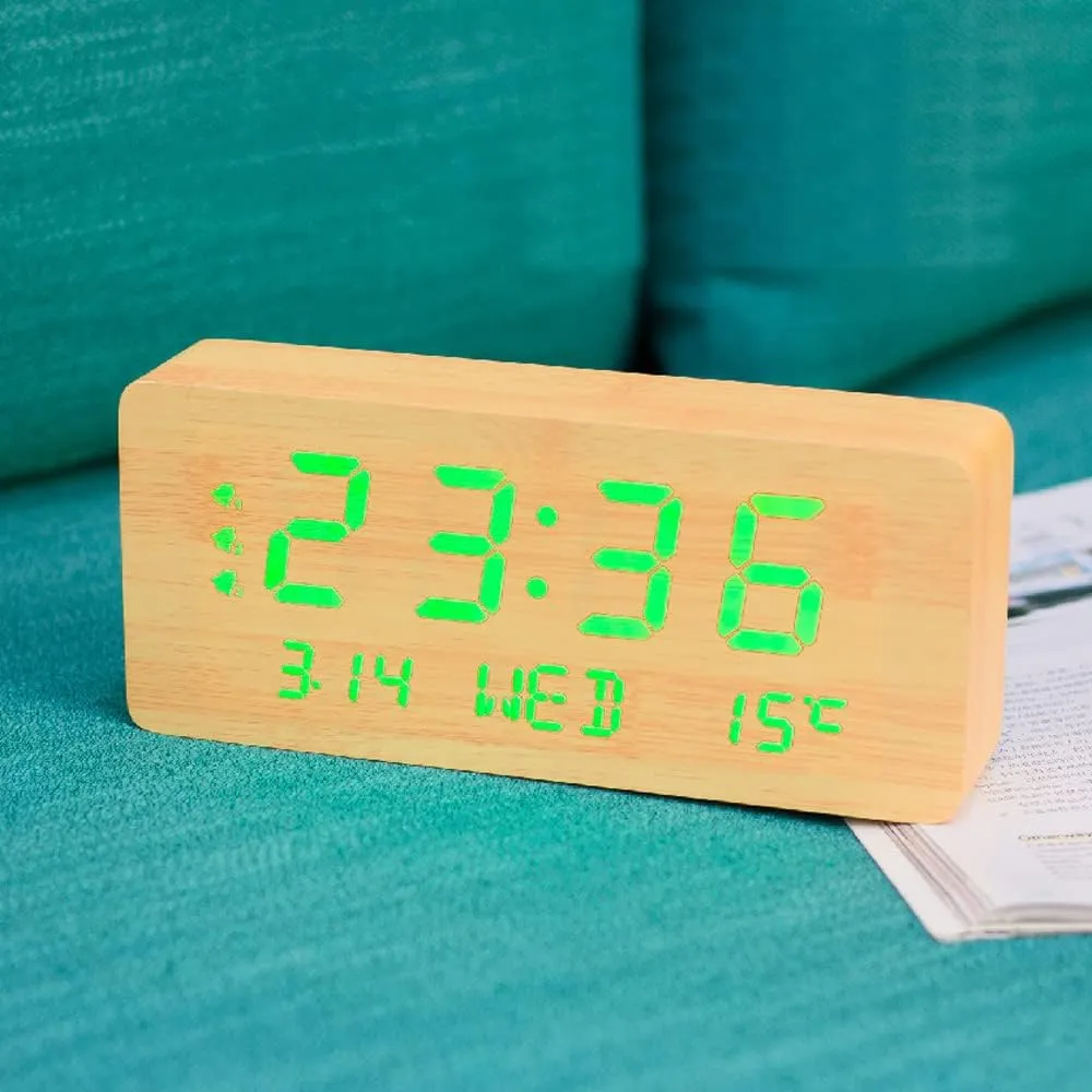 CRONY 1501 Led Perpetual Calendar Week Wooden Alarm Clock Thermometer Weekday Alarm Clock