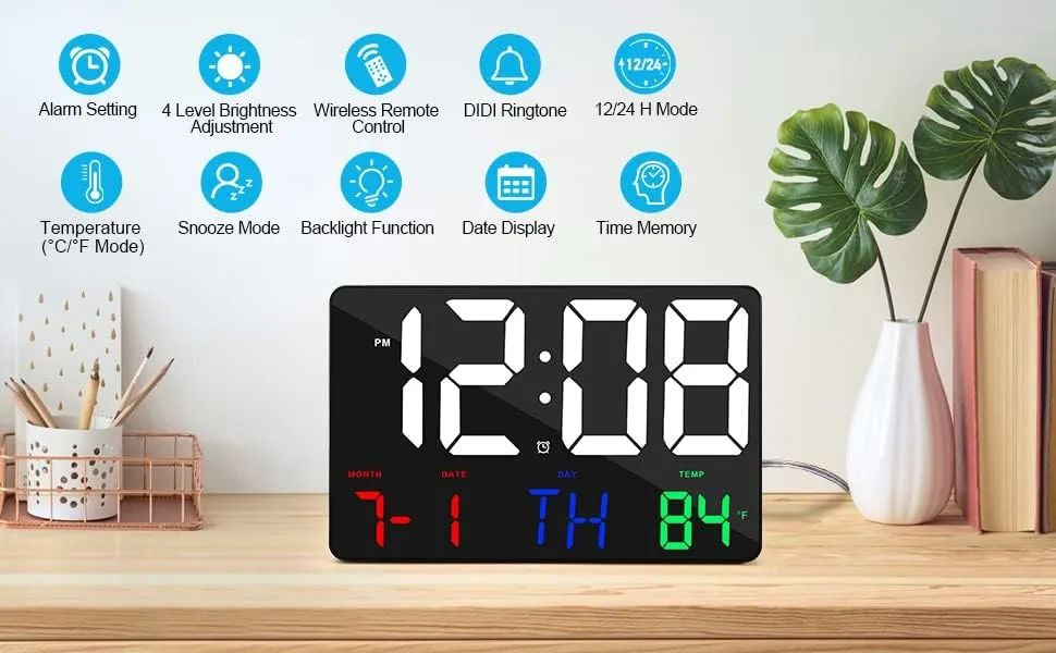 CRONY 717 White Words Wall Clock Digital Clock Large Display,11.4" Digital Calendar Alarm Day Clock With Wireless Remote Control (Color)
