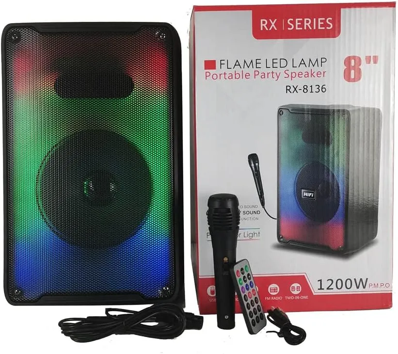 CRONY Rx-8136 Speaker 8 Inch Flame Fire Running Colorful Light Portable Party Speaker For Out Door Use With Wired Microphone