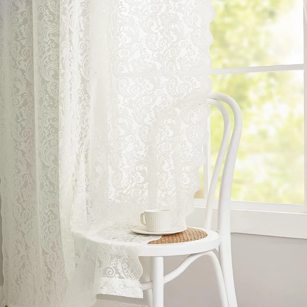 2 Panels Cream Lace Sheer Curtains, 78.7 Inches Long, Semi Transparent Voile Rod Pocket Sheer Window Drapes, Extra Long Length Lace Curtain Panels, for Bedroom Bed Canopy Living Room, 55 W x 78 L Inch