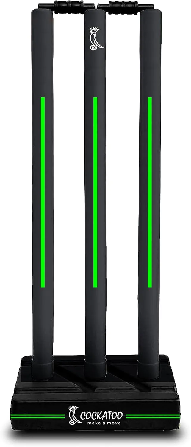 Cockatoo Premium Cricket Wicket Set l Heavy Duty Plastic l Black Fluorescent Green l Standard Size l 3 Stumps+2 Bails+1 Stand Set l Professional Quality for Cricket Ground, Match, and Tournament