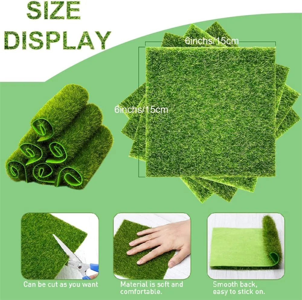6 Pack Fairy Garden Grass, Life-Like Garden Lawn, Miniature Artificial Craft Grass, Fairy Grass Lawn, Miniature Ornament Garden Fairy Accessories for Dollhouse Ornament DIY Decoration (6 x 6 Inch)
