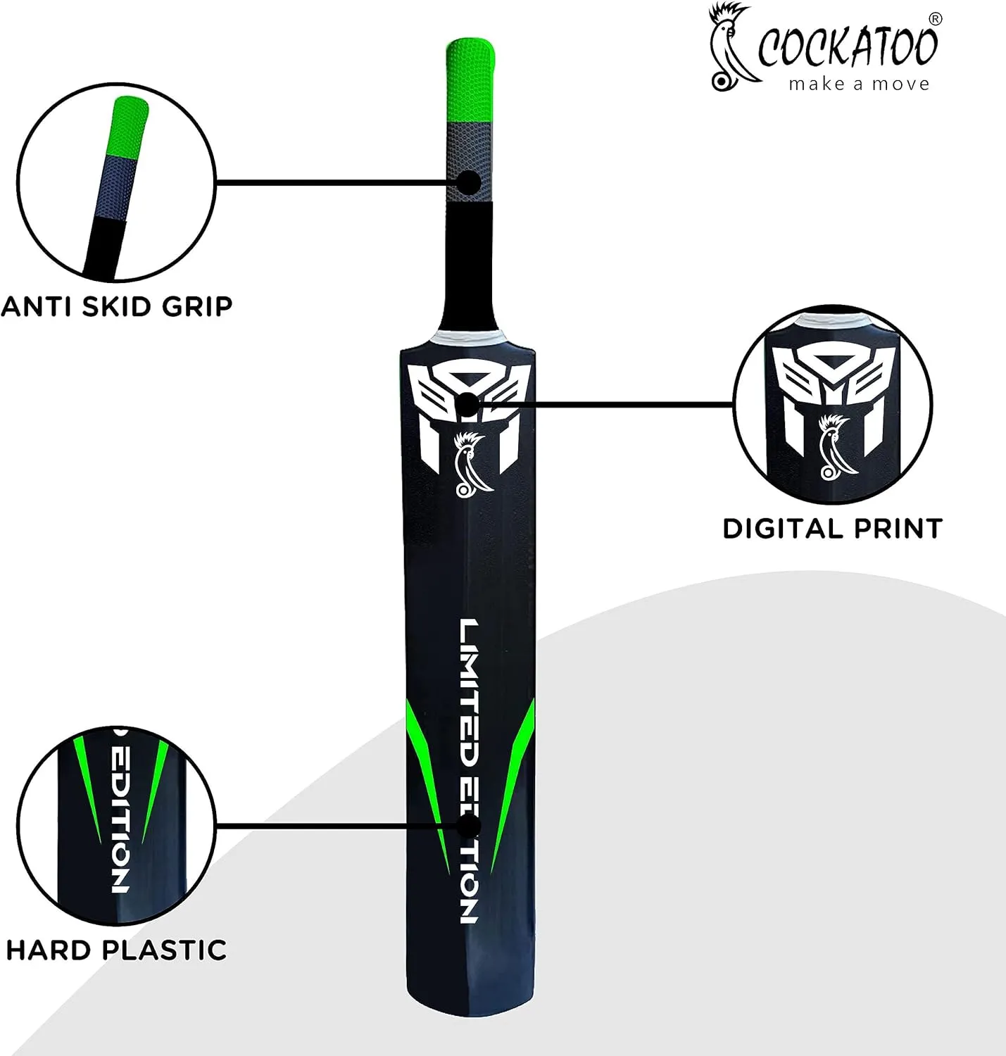 Cockatoo Destructor Bat l Power Series l Academy Size (34" X 4.5") l Classic Black l Precision Striking l Heavy Duty Plastic Cricket Bat l for Ages 15 and Above l Men, Women & Children