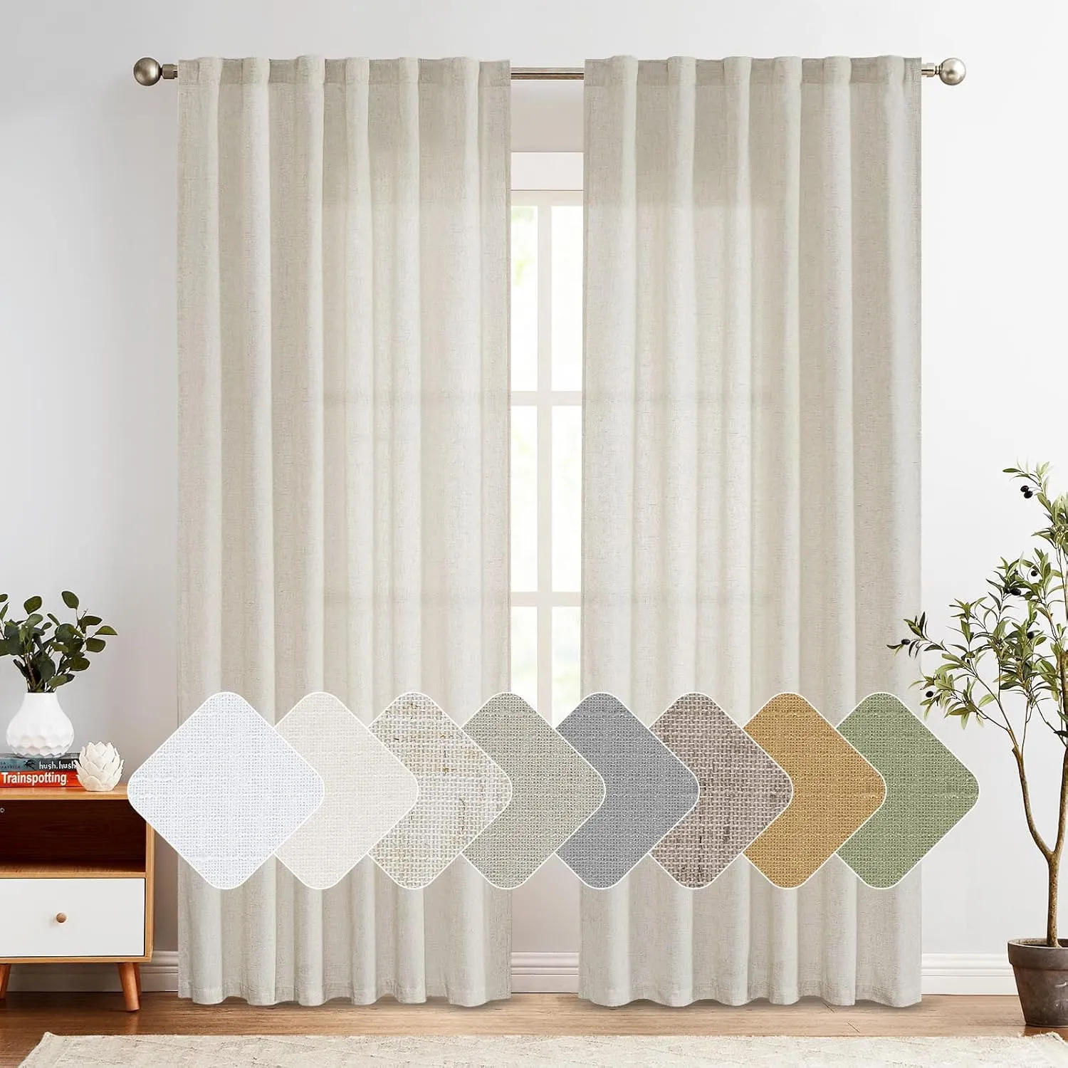 JINCHAN Linen Beige Curtains for Living Room Farmhouse Rod Pocket Back Tab Light Filtering Window Drapes for Bedroom Curtains Crude (2 Panels,127 x213 CM)