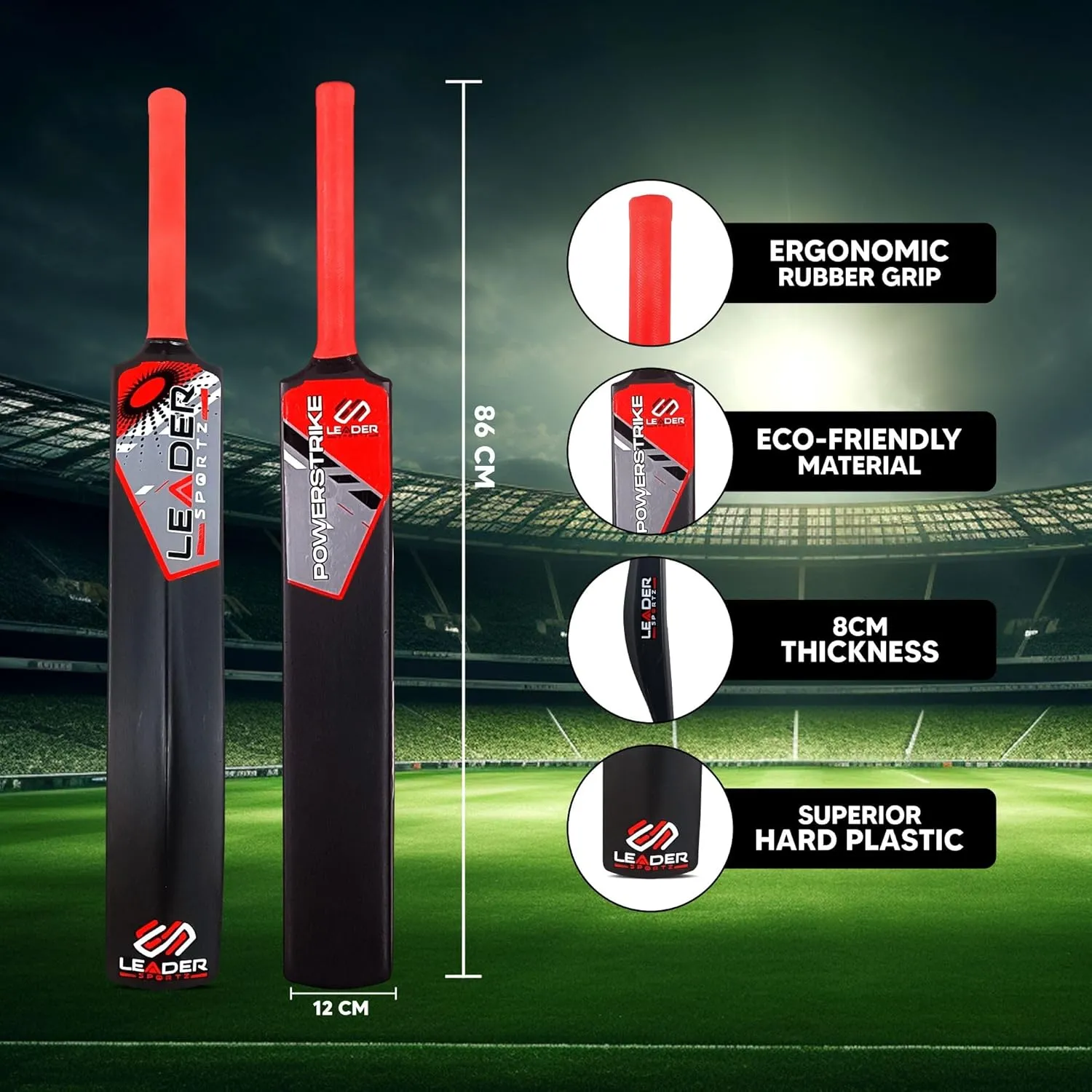 Leader Sportz Cricket Bat, Plastic Bat, Birthday Gift for Boys, Tennis Bat, Powerstrike Bat Cricket for Adults, Heavy Plastic Cricket Bats with Anti Slip Rubber Grip Full Size Bat for Cricket (Black) - Image 2