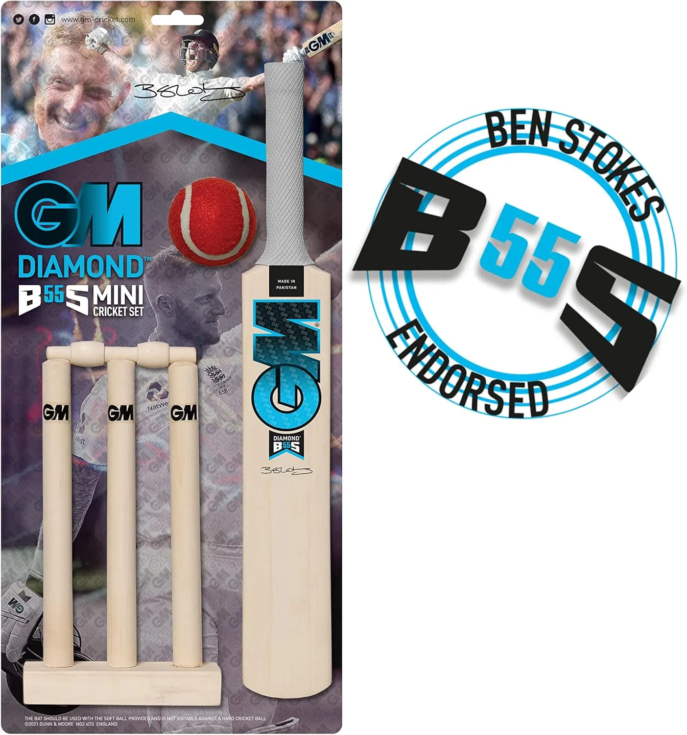 Gunn & Moore GM Mini Wooden Cricket Bat & Stumps Set, BS55 Ben Stokes Range - Please Note Very Small Size