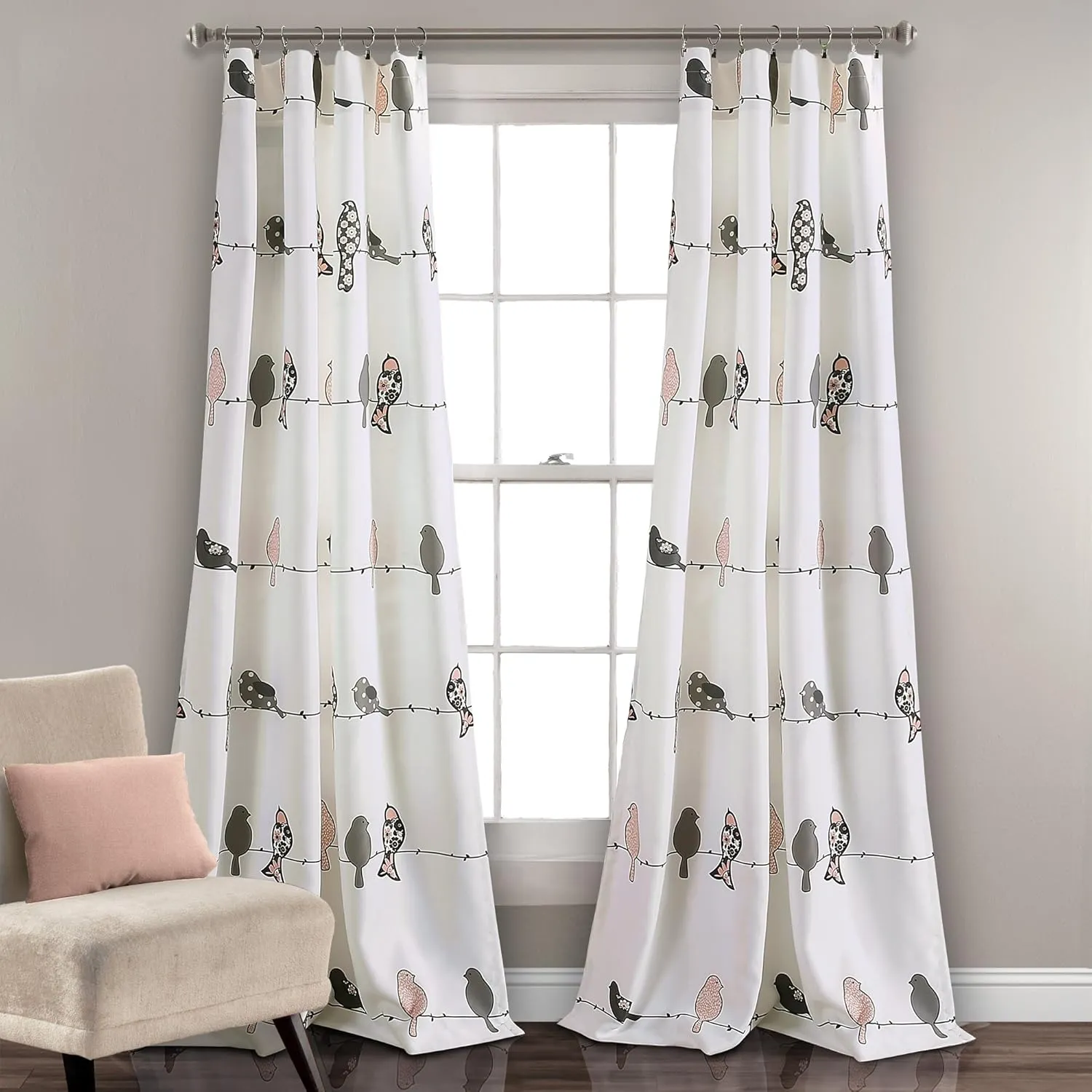 Lush Decor Rowley Birds Curtains Room Darkening Window Panel Set for Living, Dining, Bedroom (Pair), 84" L, Blush & Gray, 2 Count