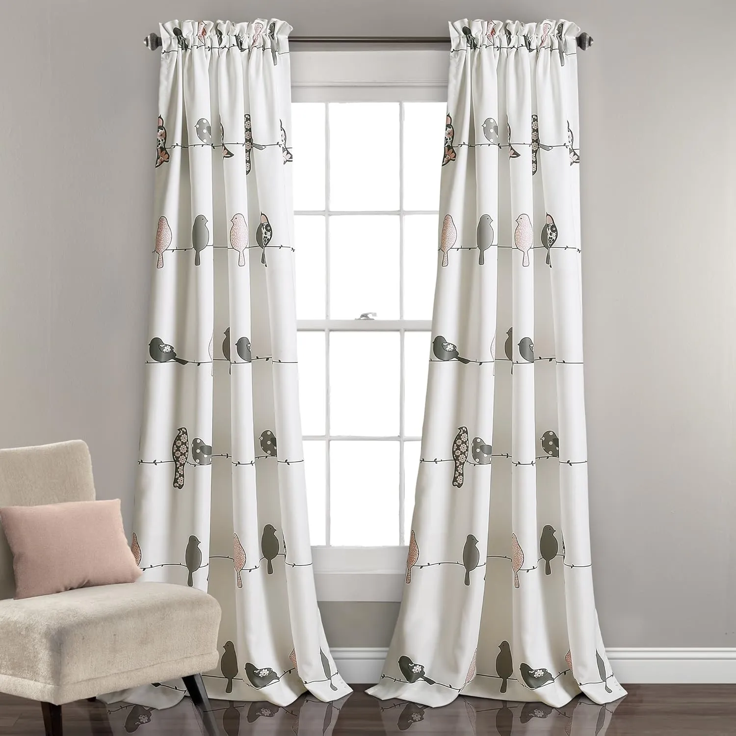 Lush Decor Rowley Birds Curtains Room Darkening Window Panel Set for Living, Dining, Bedroom (Pair), 84" L, Blush & Gray, 2 Count