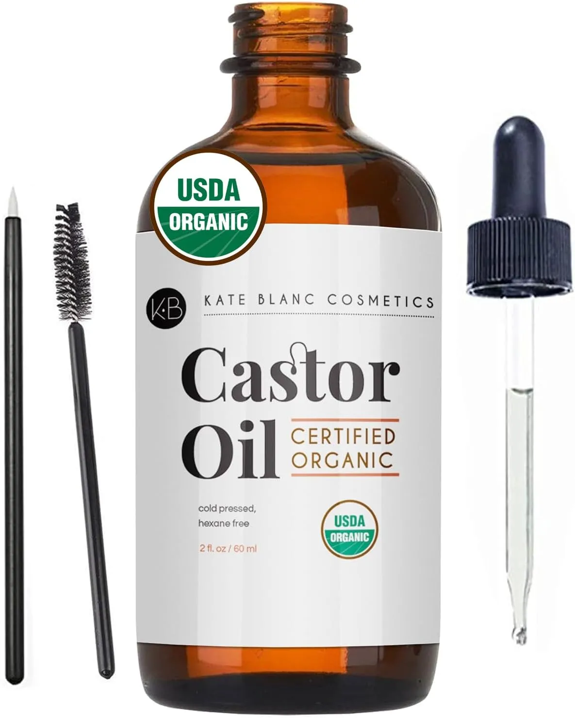 Castor Oil (2oz) USDA Certified Organic, 100% Pure, Cold Pressed, Hexane Free by Kate Blanc. Stimulate Growth for Eyelashes, Eyebrows, Hair. Lash Growth Serum. Brow Treatment. FREE Mascara Starter Kit