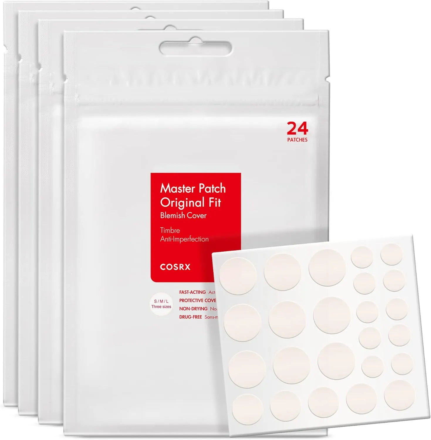COSRX Acne Pimple Patch (96) Absorbing Hydrocolloid Original 3 Size Patches for Blemishes and Zits Cover, Spot Stickers for Face and Body, Not Tested on Animals - Image 1