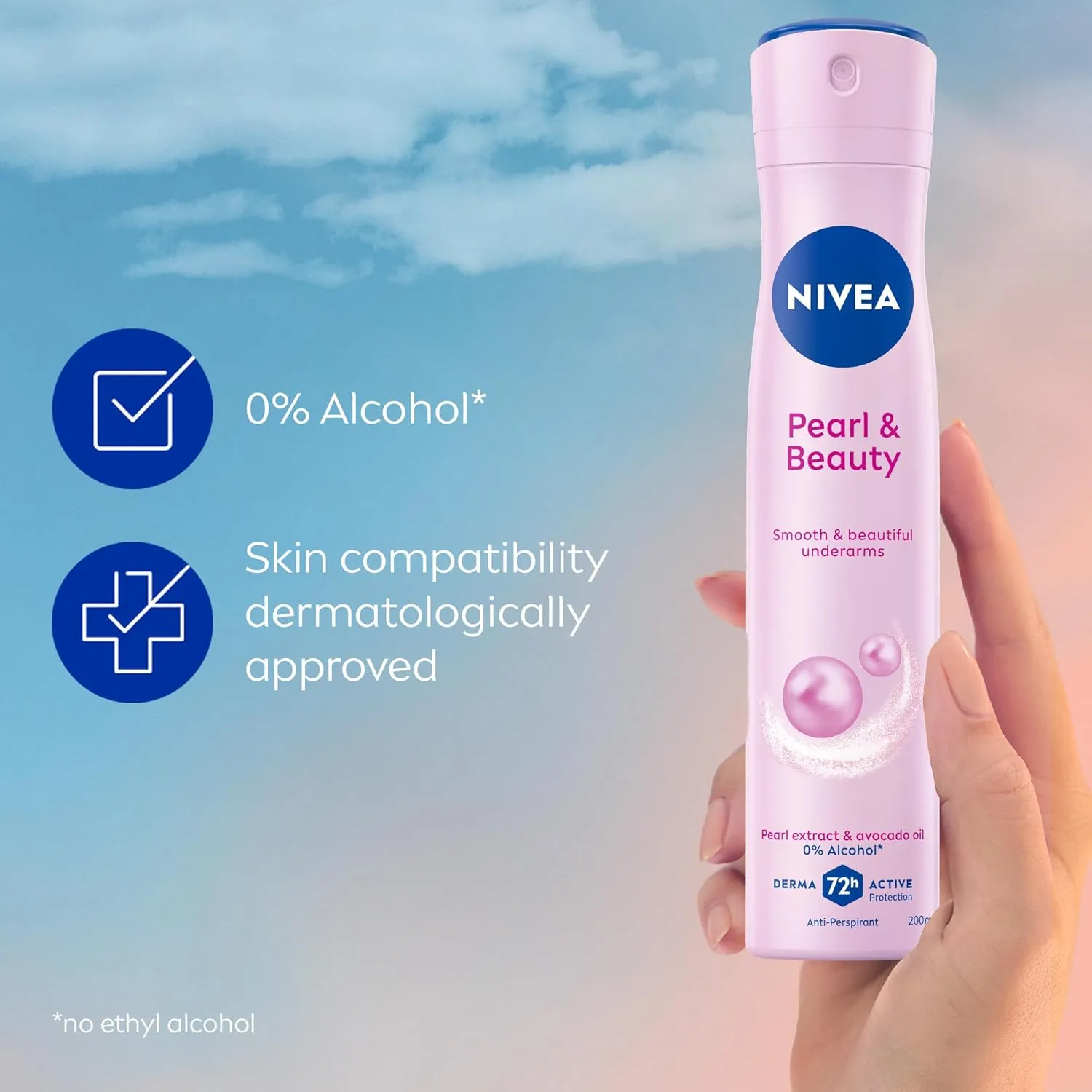 NIVEA Pearl & Beauty Antiperspirant Deodorant Spray for Women, Soft & Smooth, 48H Active Protection, 0% Alcohol, with Pearl Extract and Avocado Oil, 200ml