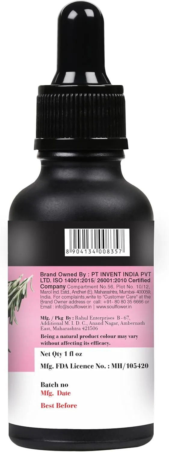 SOULFLOWER ORGANIC ROSEMARY OIL FOR HAIR GROWTH, HAIRFALL CONTROL & SCALP NOURISHMENT, 100% PURE ESSENTIAL OIL, ECOCERT COSMOS CERTIFIED, 30ML/ 1 FL OZ